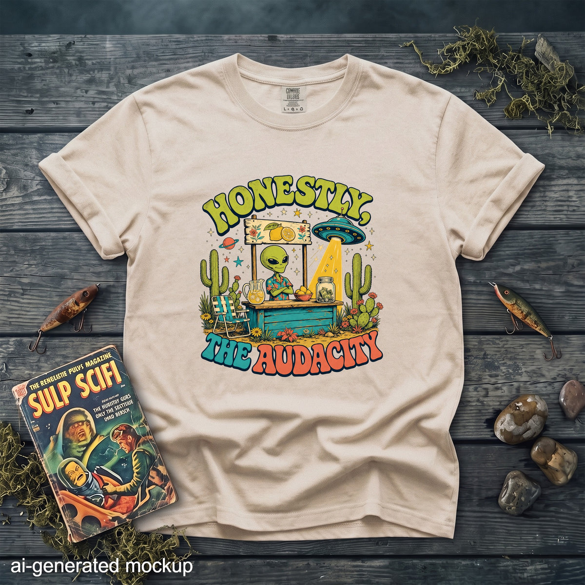 Light beige t-shirt with "HONESTLY, THE AUDACITY" alien lemonade stand graphic.