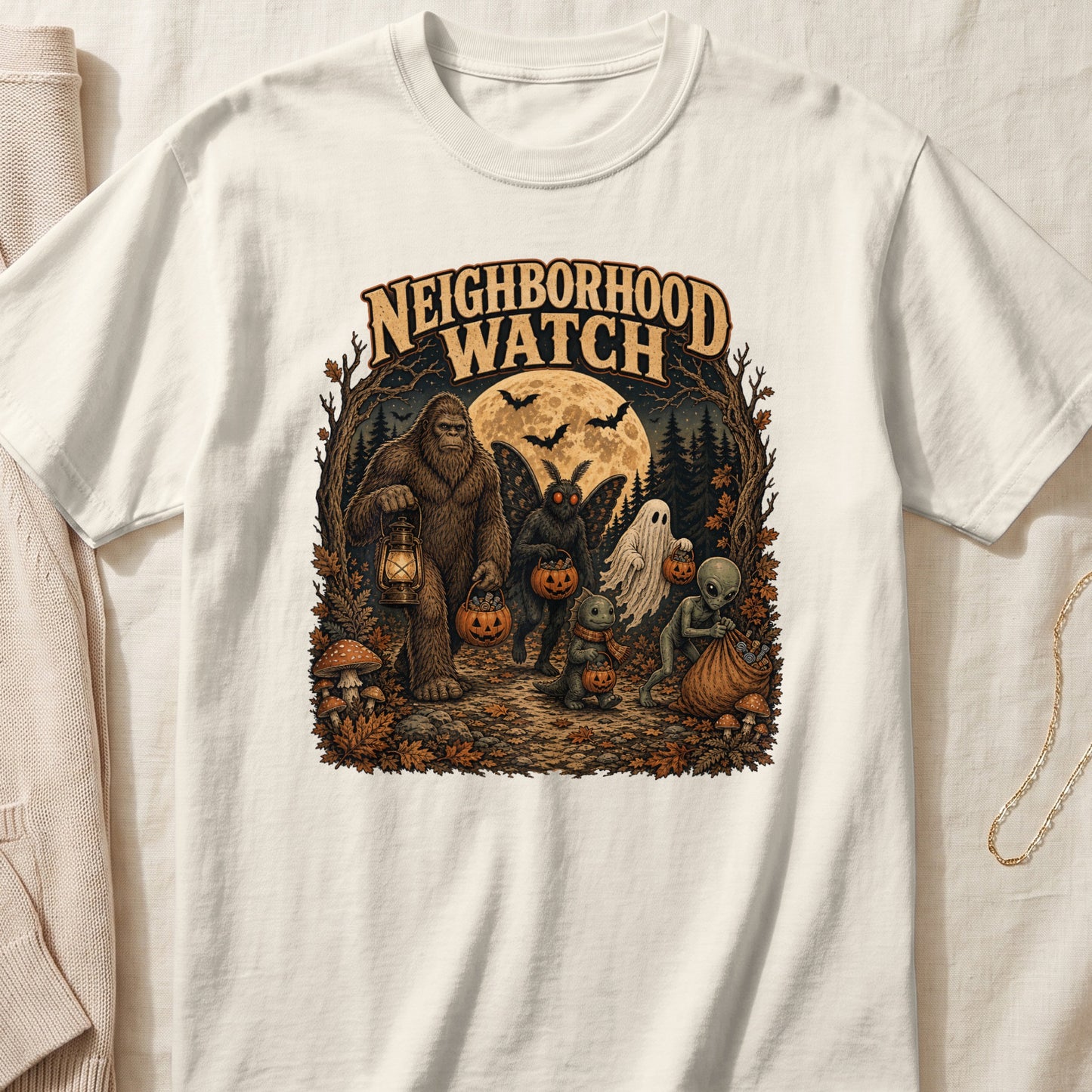 Neighborhood Watch graphic with Bigfoot, Mothman, ghost, lizard, and alien trick-or-treating.