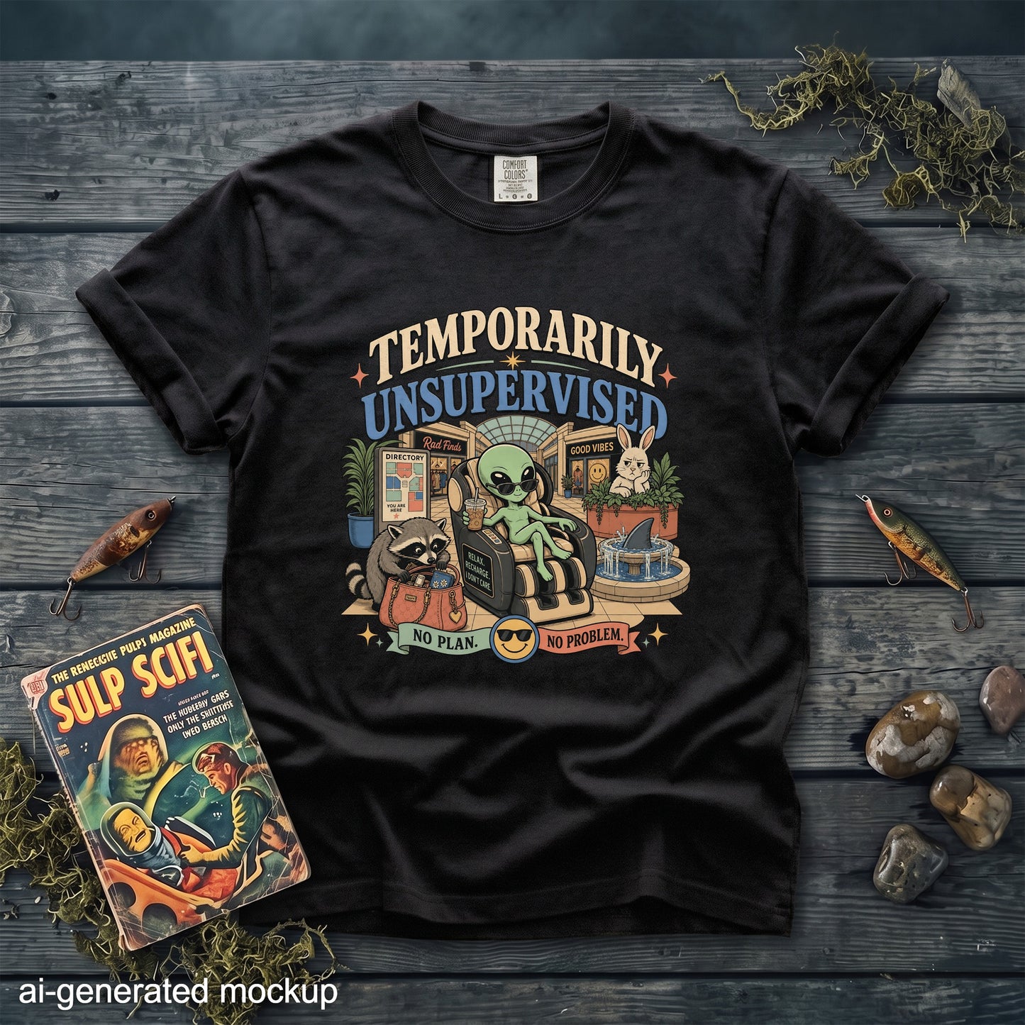 Black t-shirt with "TEMPORARILY UNSUPERVISED" graphic featuring an alien in a massage chair.