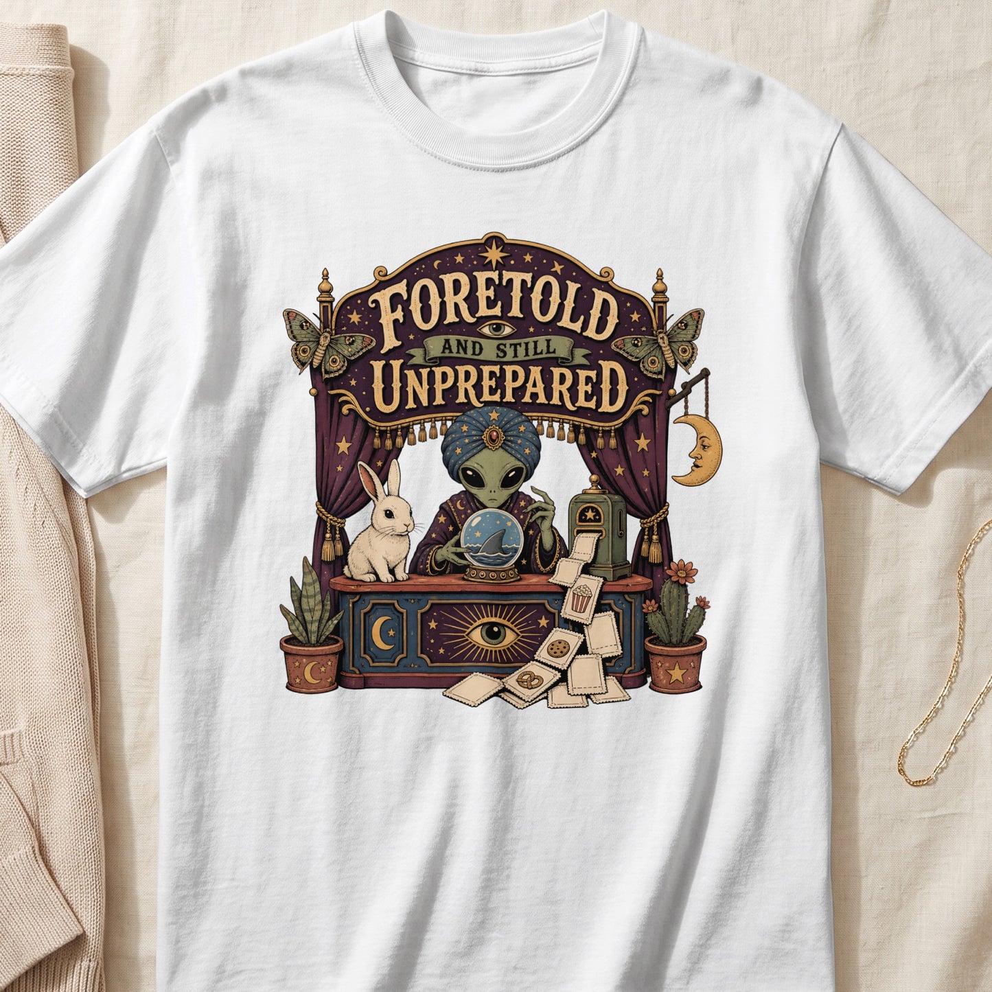 Alien fortune teller with rabbit and crystal ball on t-shirt: "Foretold and Still Unprepared."