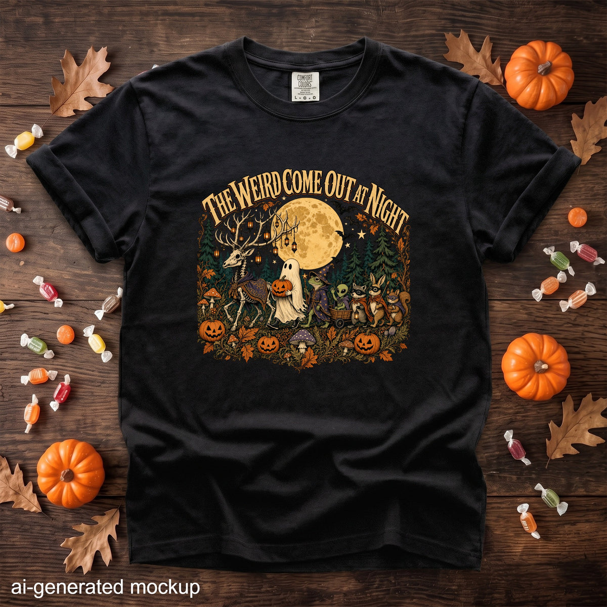 Black t-shirt graphic featuring Halloween creatures under a full moon with text "The Weird Come Out At Night."