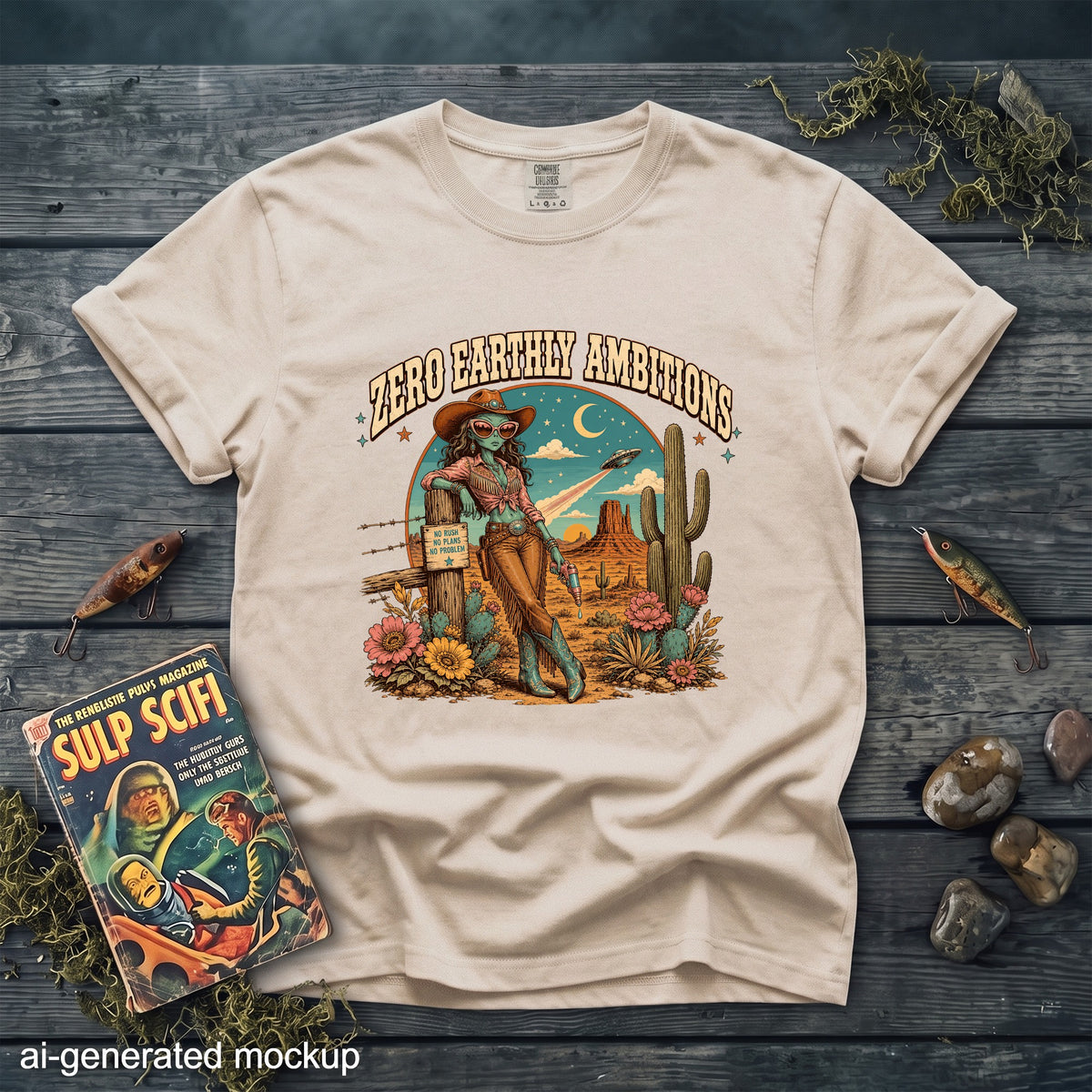T-shirt with "ZERO EARTHLY AMBITIONS" text and alien cowgirl in desert.