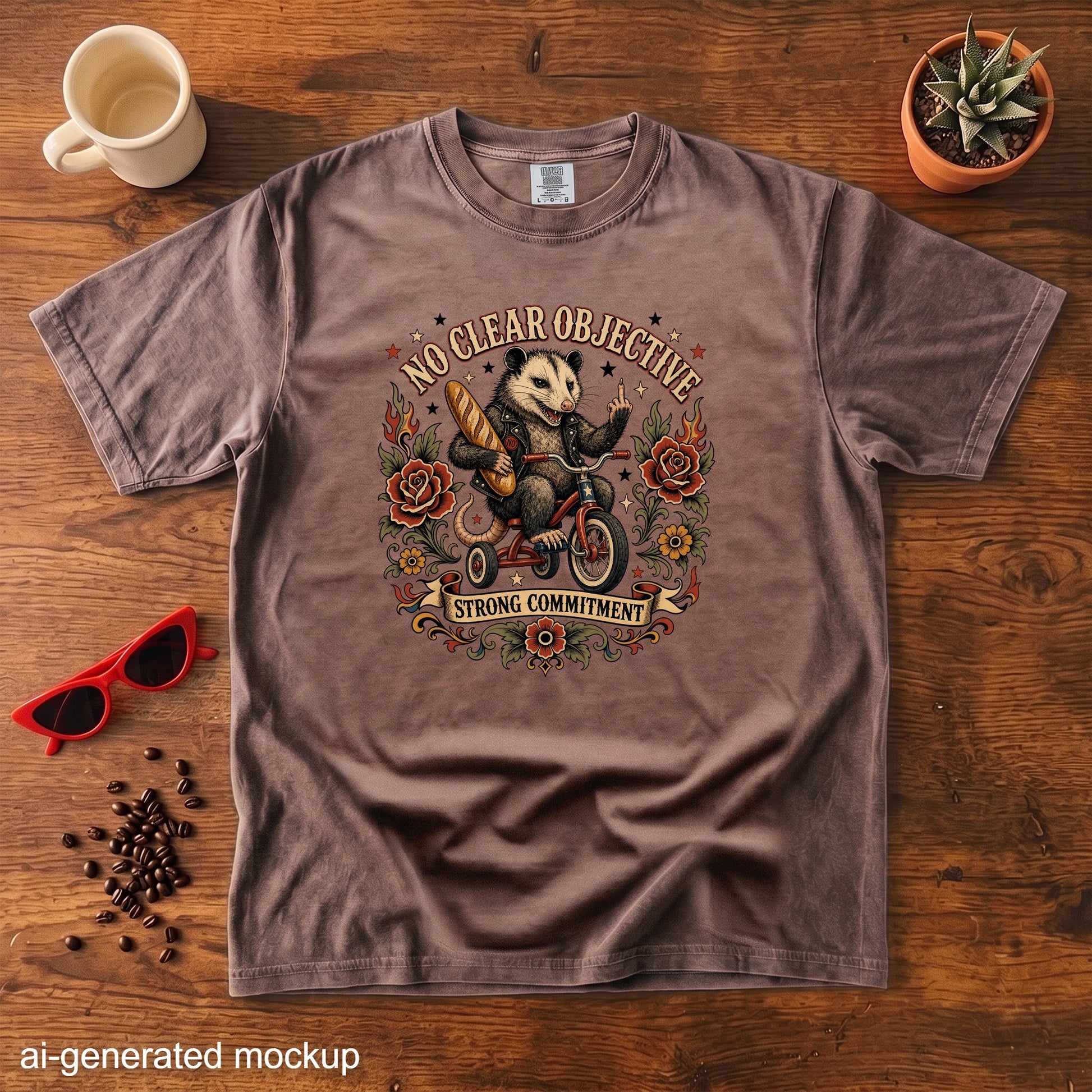 T-shirt with possum on tricycle, holding baguette, text "NO CLEAR OBJECTIVE STRONG COMMITMENT".