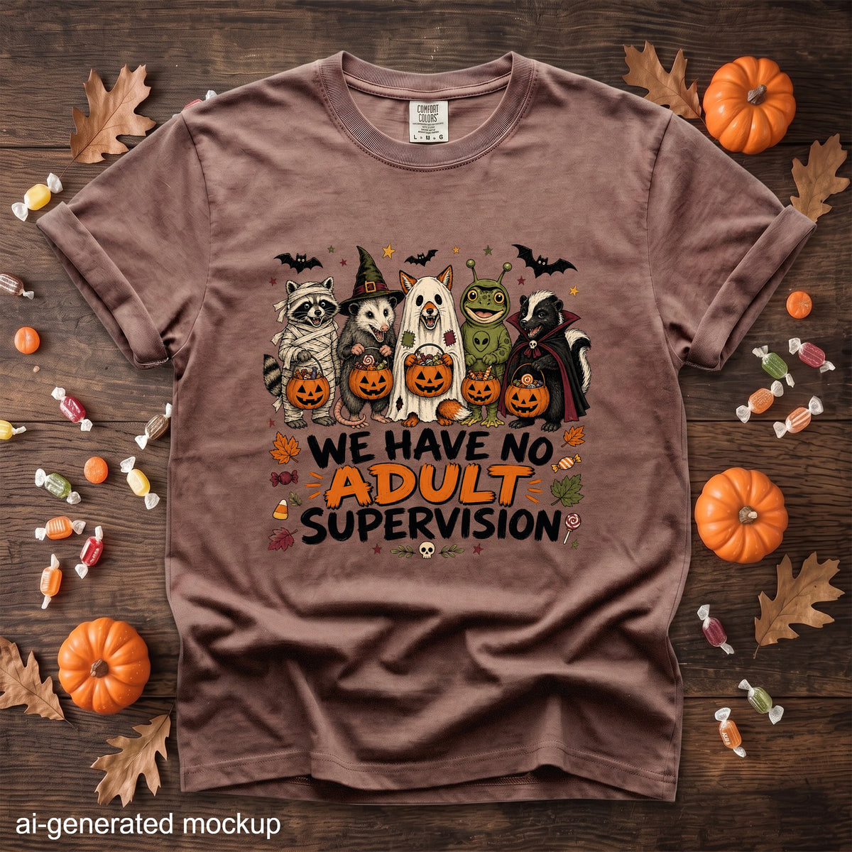 T-shirt graphic with animals in costumes and text "We Have No Adult Supervision".