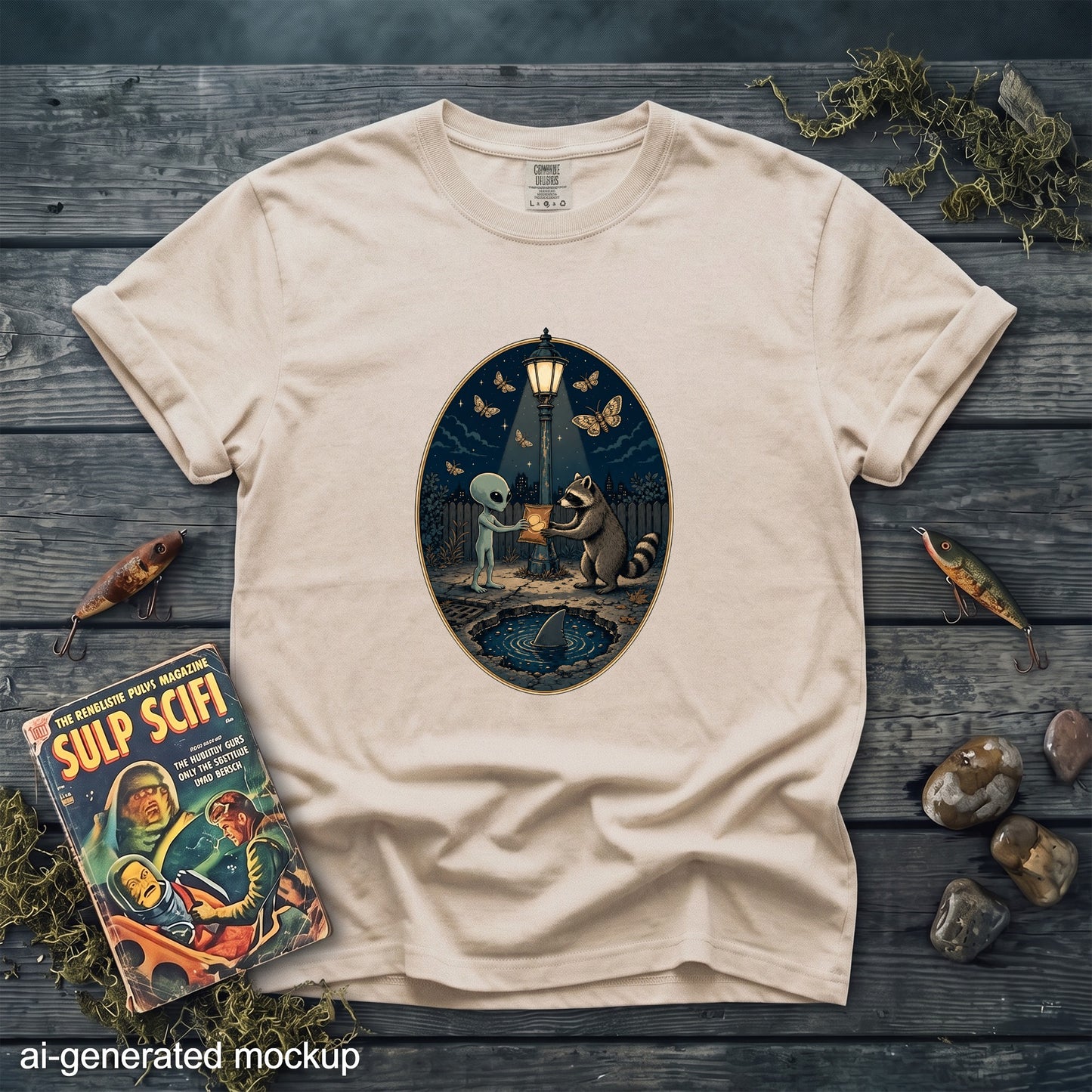 T-shirt with oval graphic of alien giving chips to raccoon under streetlamp.
