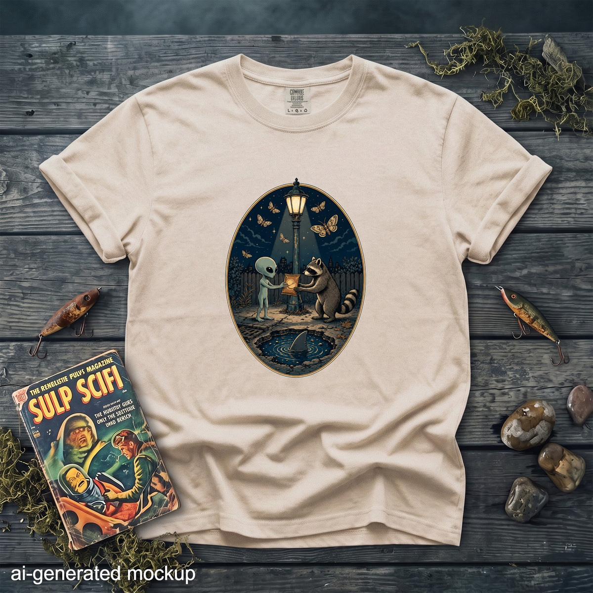 T-shirt with oval graphic of alien giving chips to raccoon under streetlamp.