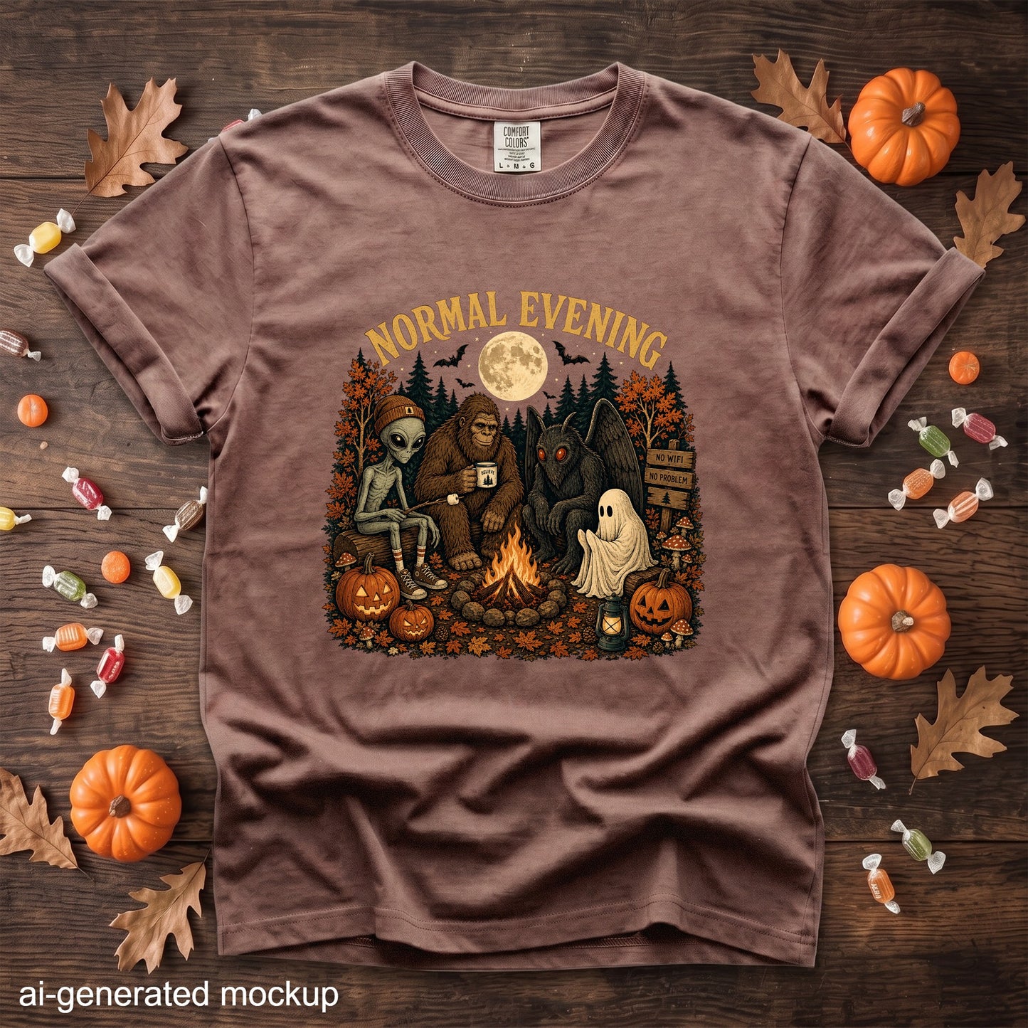 Shirt with "Normal Evening" text and characters around a campfire under a full moon.