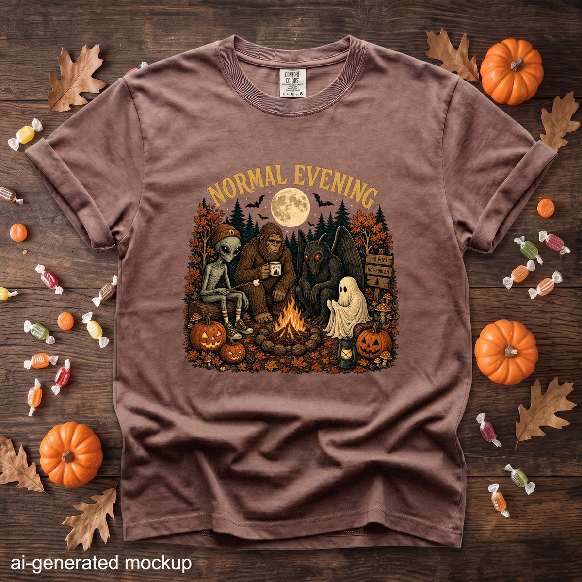 Shirt with "Normal Evening" text and characters around a campfire under a full moon.