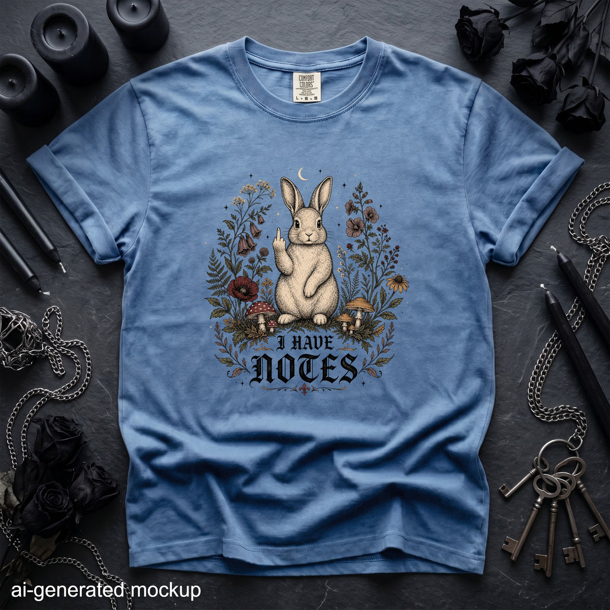 Blue t-shirt with rabbit design and text "I HAVE NOTES"