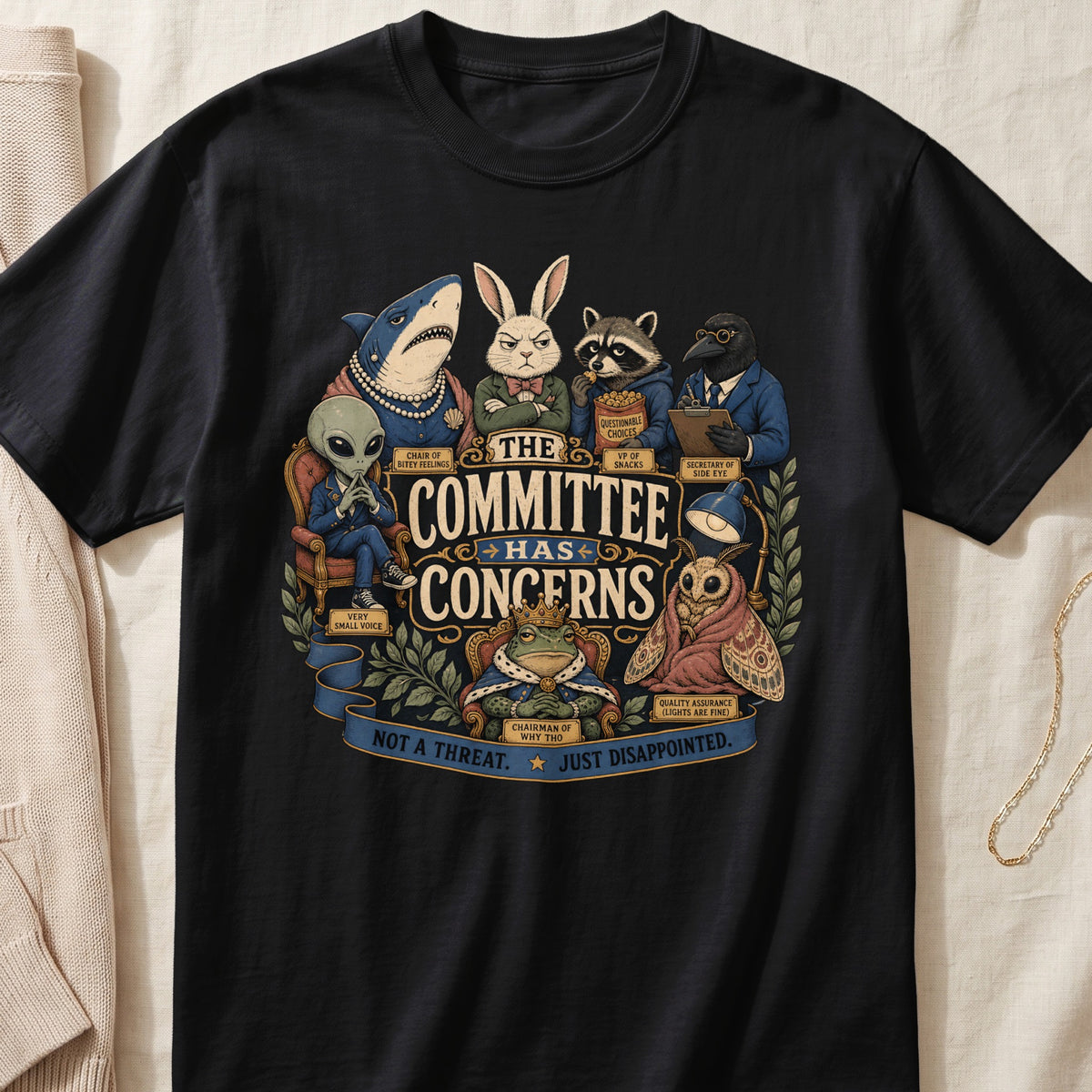 A black t-shirt printed with a satirical graphic featuring anthropomorphic animals and aliens surrounding the text The Committee Has Concerns.