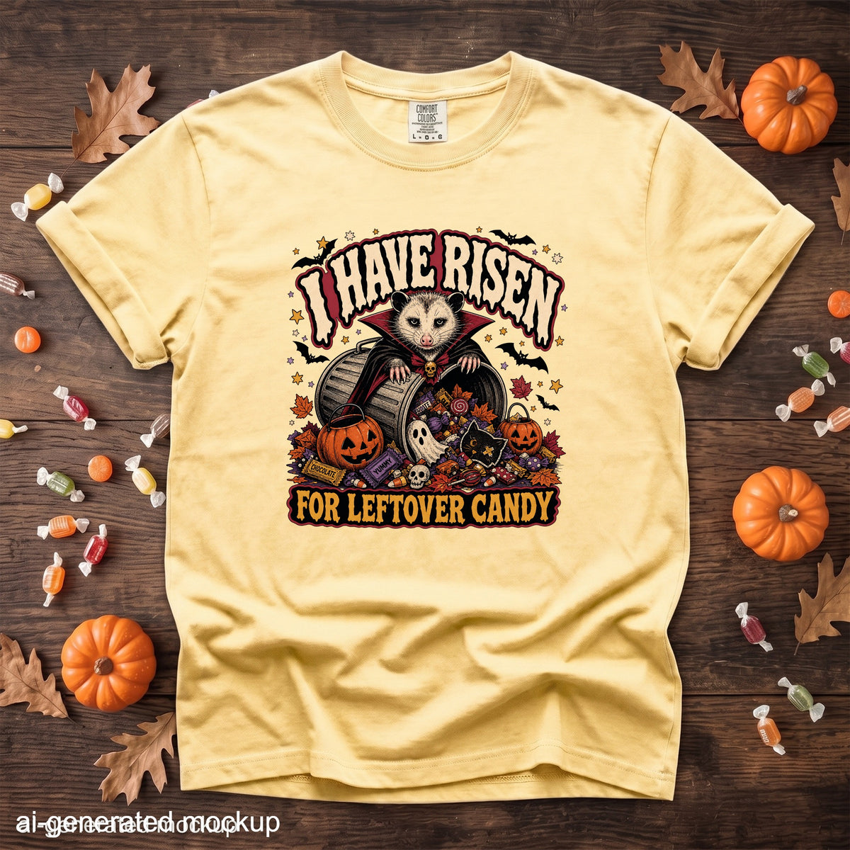 Yellow t-shirt with Halloween graphic: "I Have Risen For Leftover Candy" featuring an opossum.