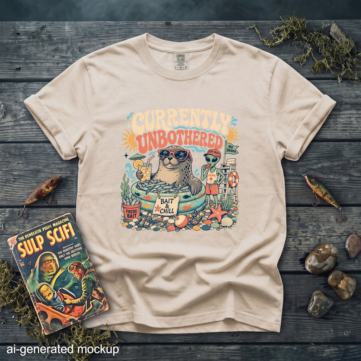 T-shirt graphic: seal and alien chilling with fish, "Currently Unbothered" text.