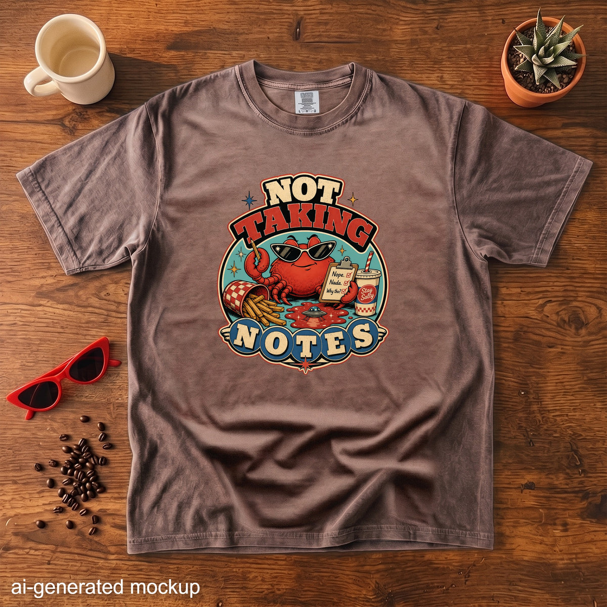 T-shirt with a cartoon crab wearing sunglasses and the words "NOT TAKING NOTES".