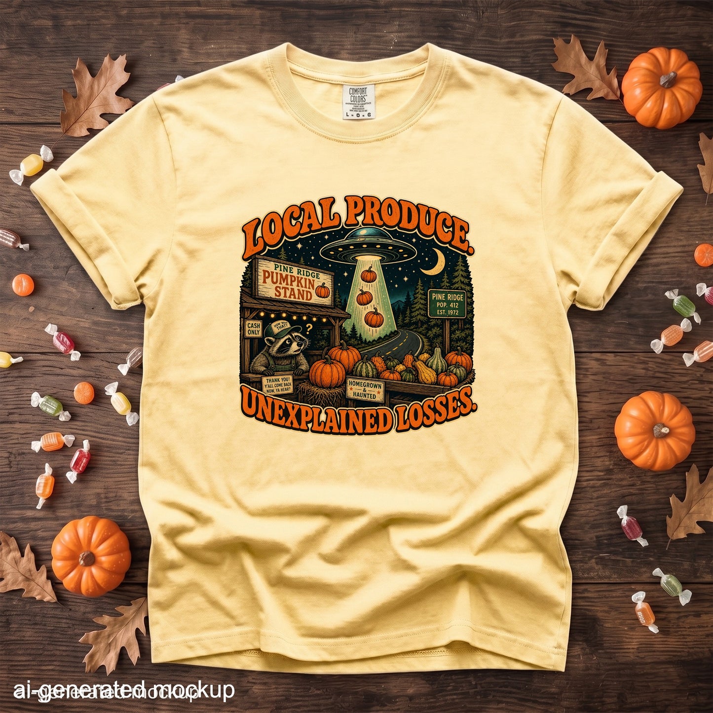 Yellow t-shirt with a graphic of a UFO beaming pumpkins from a roadside stand.
