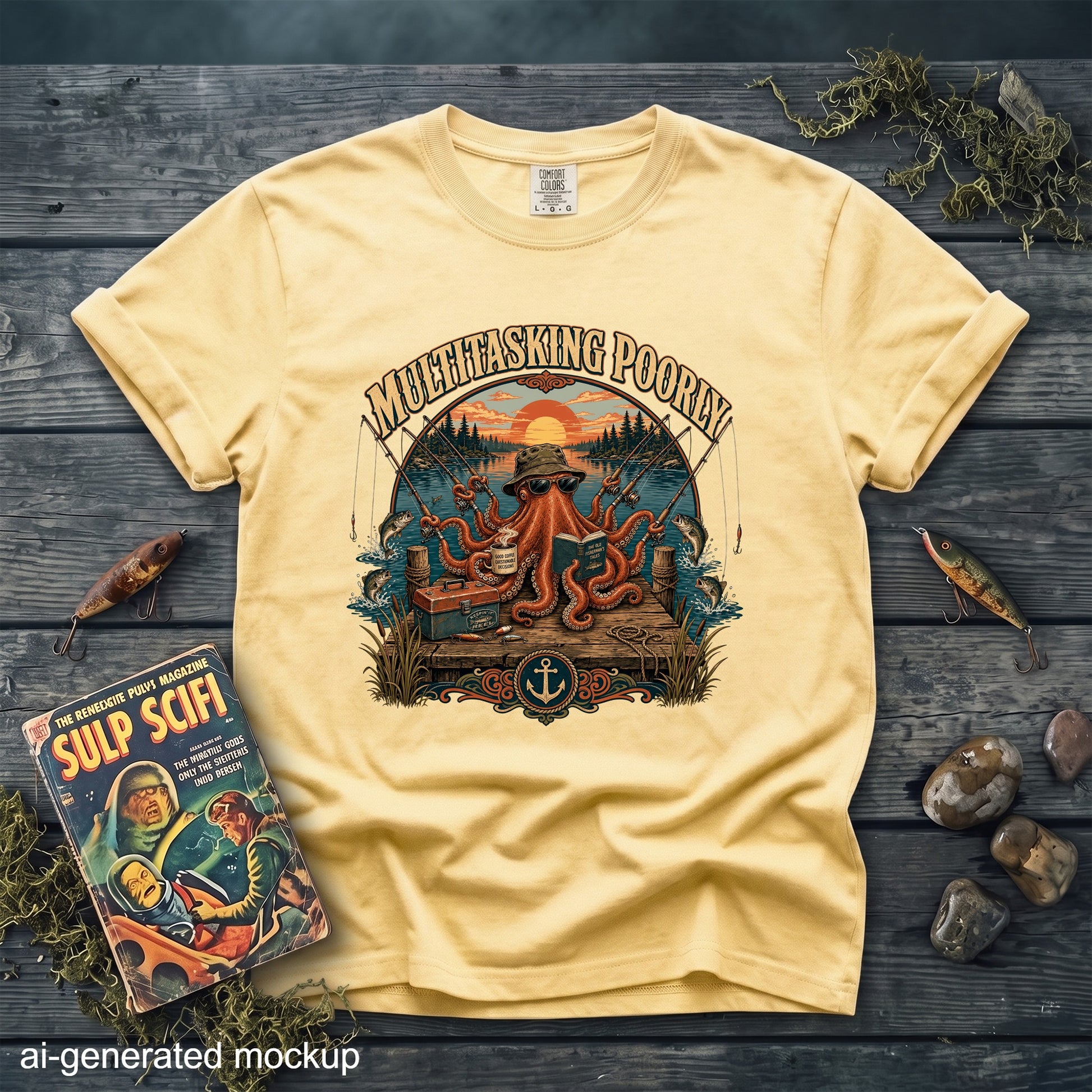 Yellow t-shirt with octopus fishing and "Multitasking Poorly" text.