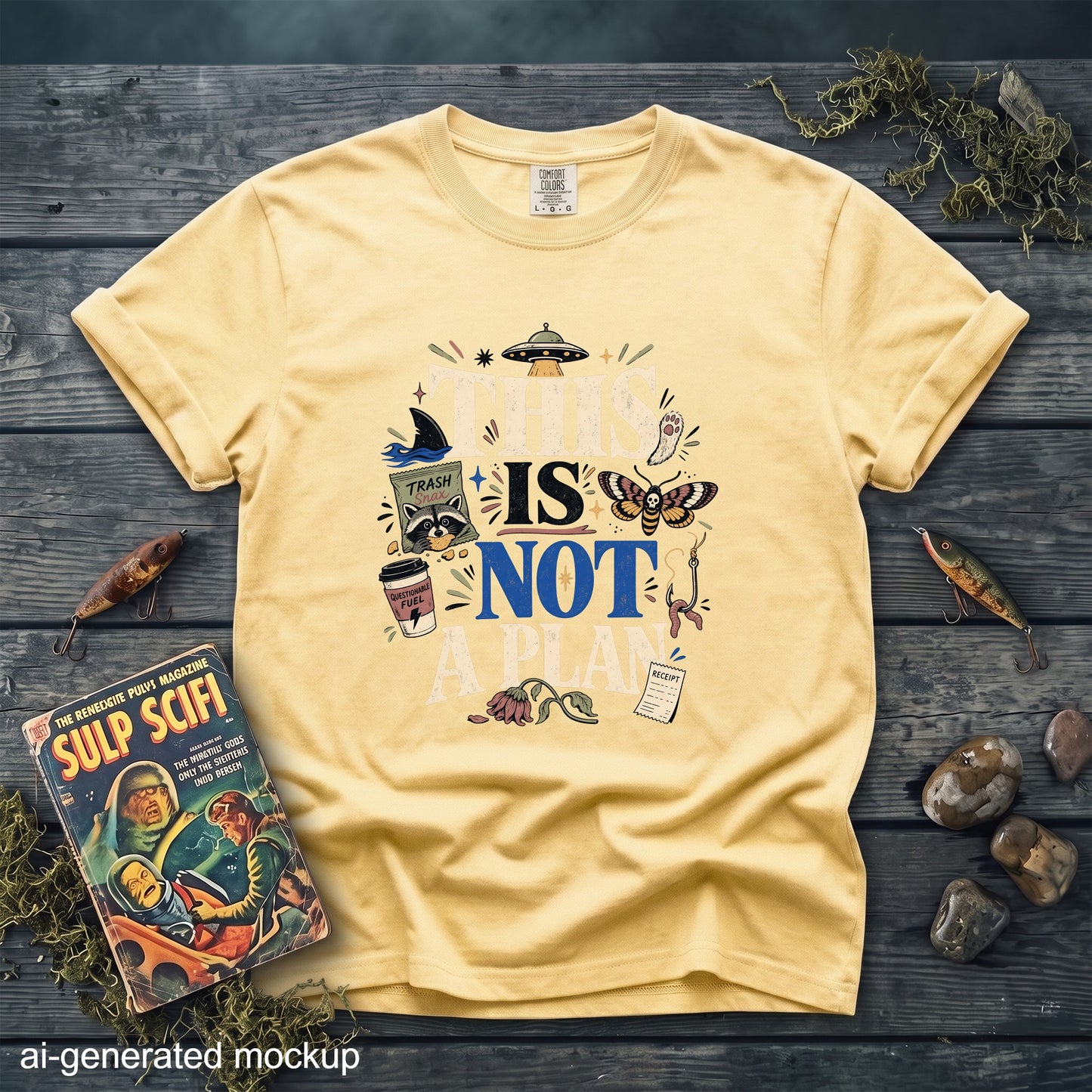 Yellow t-shirt with "THIS IS NOT A PLAN" graphic featuring UFO, raccoon, moth, and other elements.
