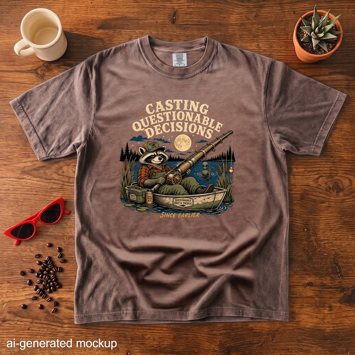 Brown t-shirt with graphic of raccoon fishing and text "Casting Questionable Decisions Since Earlier."