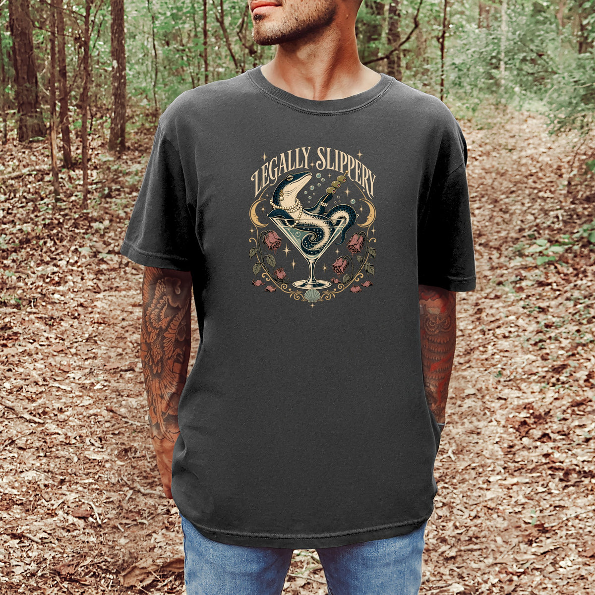 Dark t-shirt with octopus in martini glass graphic, reading "Legally Slippery".