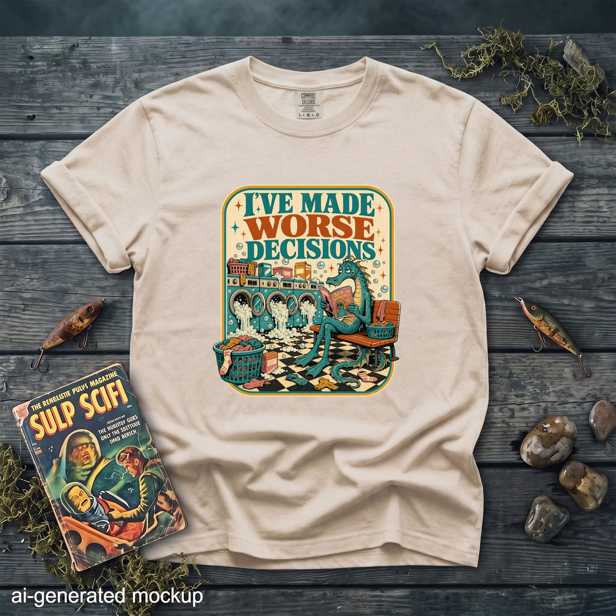 T-shirt with graphic of dragon reading in laundry room with text "I'VE MADE WORSE DECISIONS".
