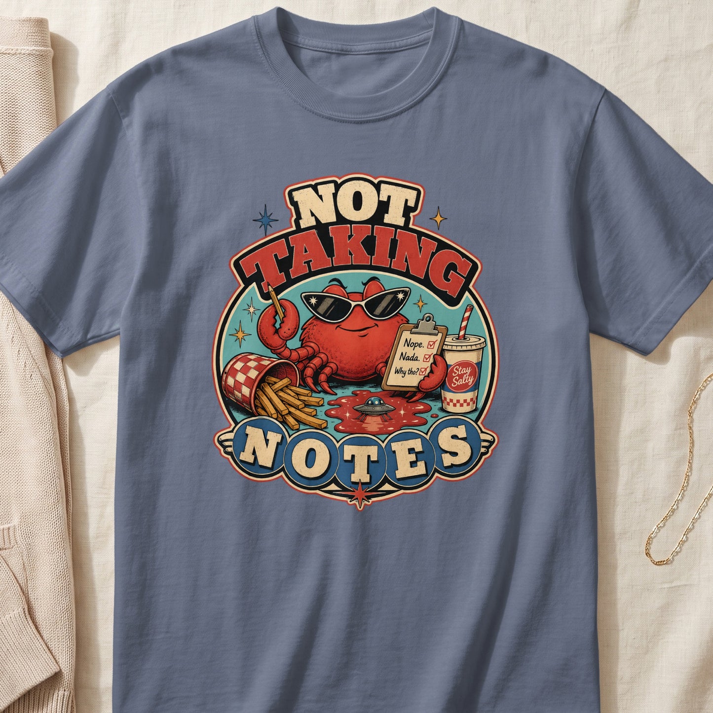 Crab with sunglasses and fries, holding clipboard with "Nope. Nada. Why tho?" text.