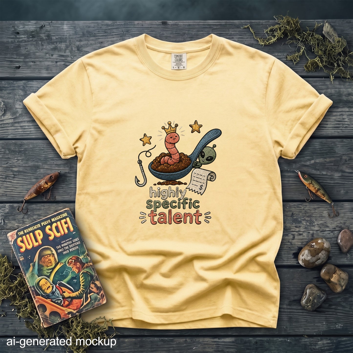 Yellow t-shirt with graphic of worm in spoon, alien, fishing hook, and text "highly specific talent".