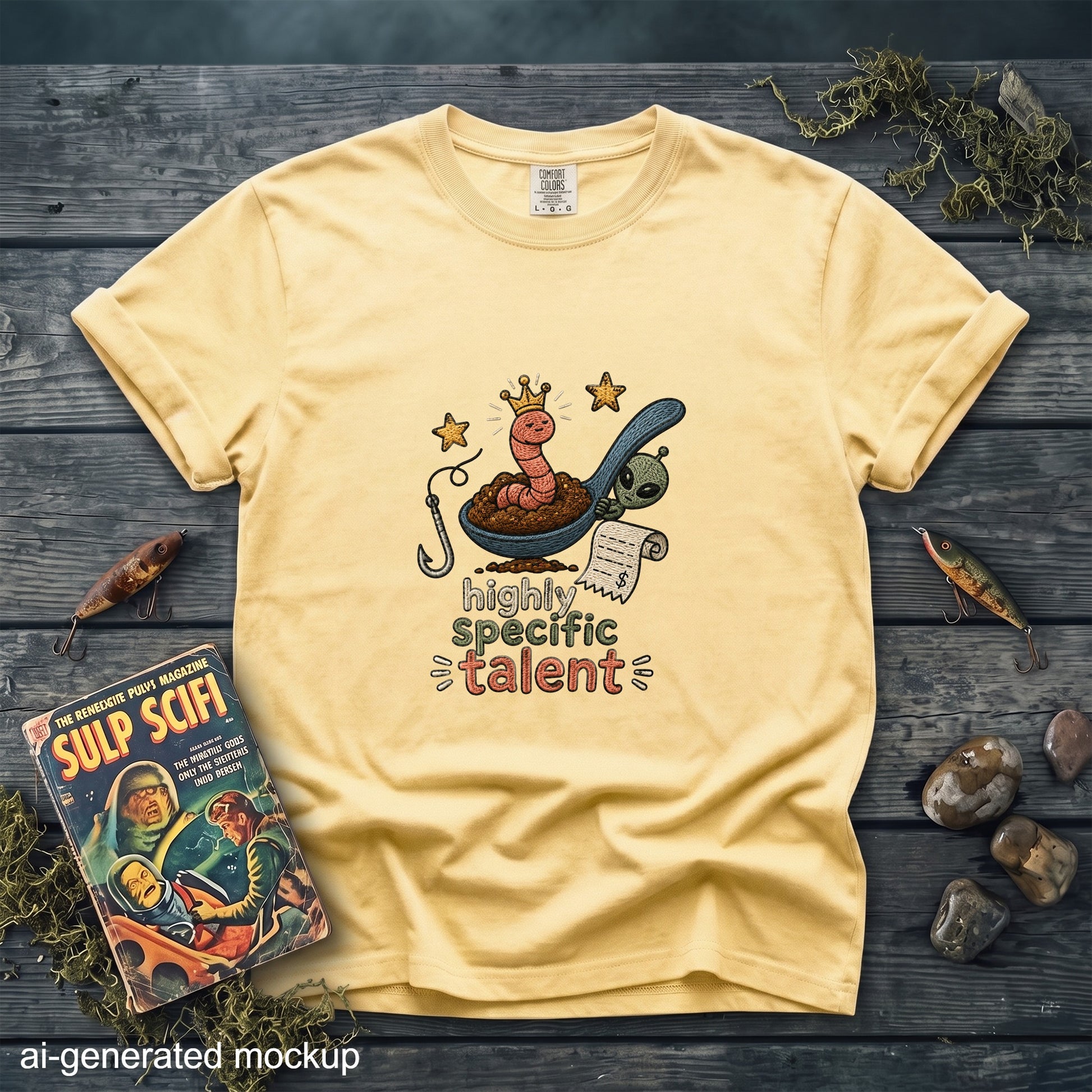 Yellow t-shirt with graphic of worm in spoon, alien, fishing hook, and text "highly specific talent".