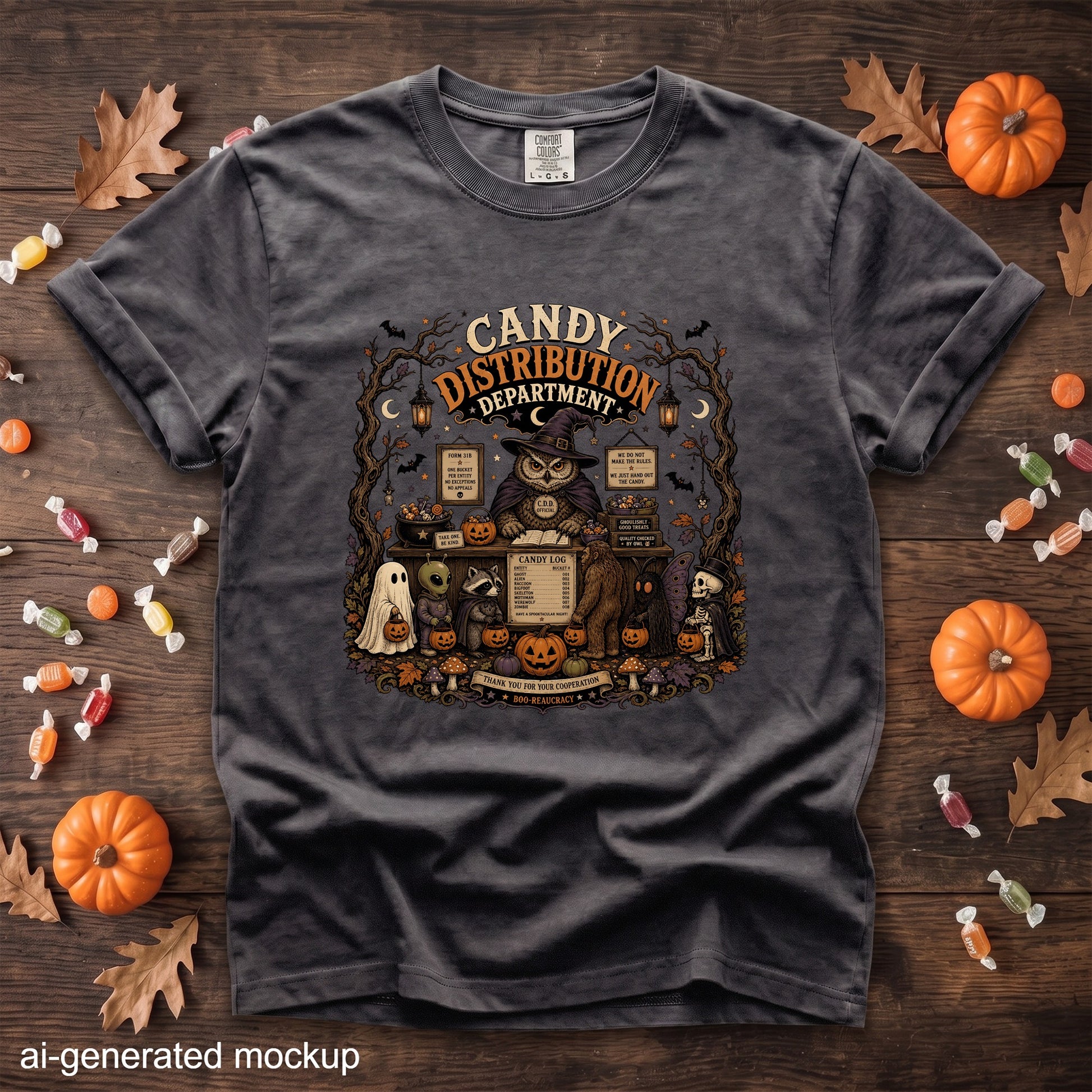 Dark gray t-shirt with "Candy Distribution Department" Halloween graphic.