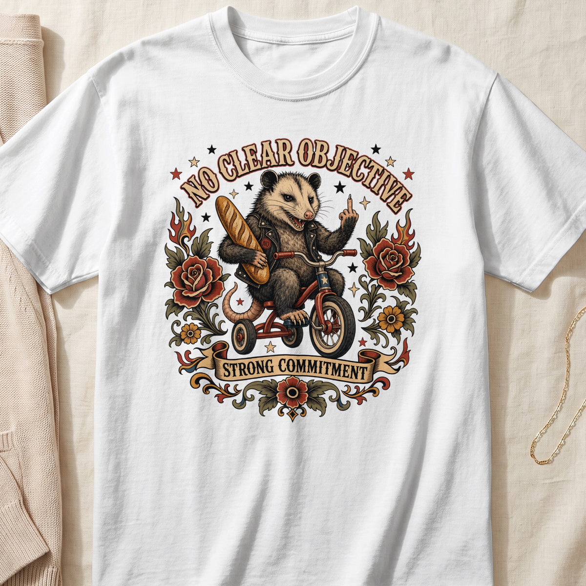 Opossum on a tricycle holding a baguette with text "No Clear Objective, Strong Commitment."