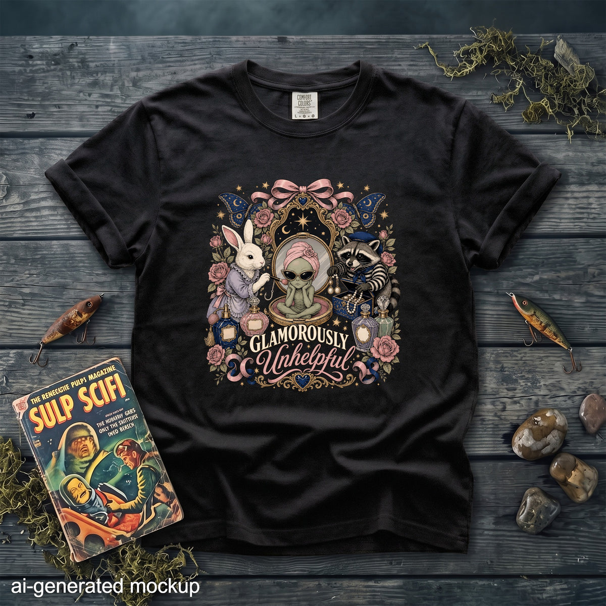 Black t-shirt with a graphic of an alien, rabbit, and raccoon surrounded by flowers and bottles.