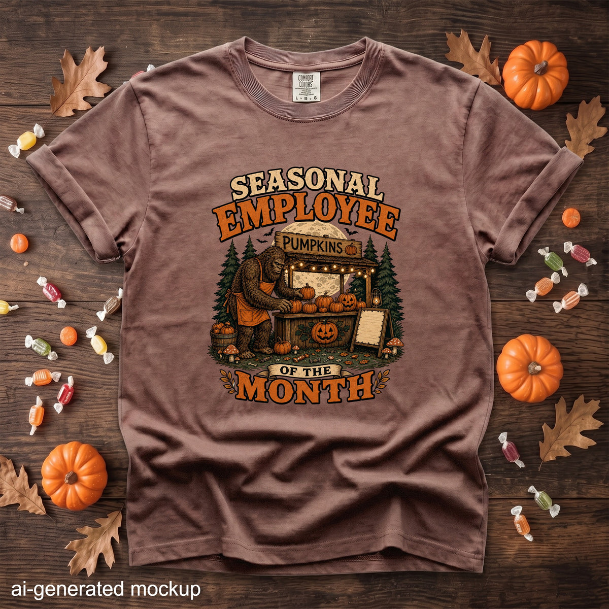 Brown t-shirt with Bigfoot selling pumpkins with "Seasonal Employee Of The Month" text.