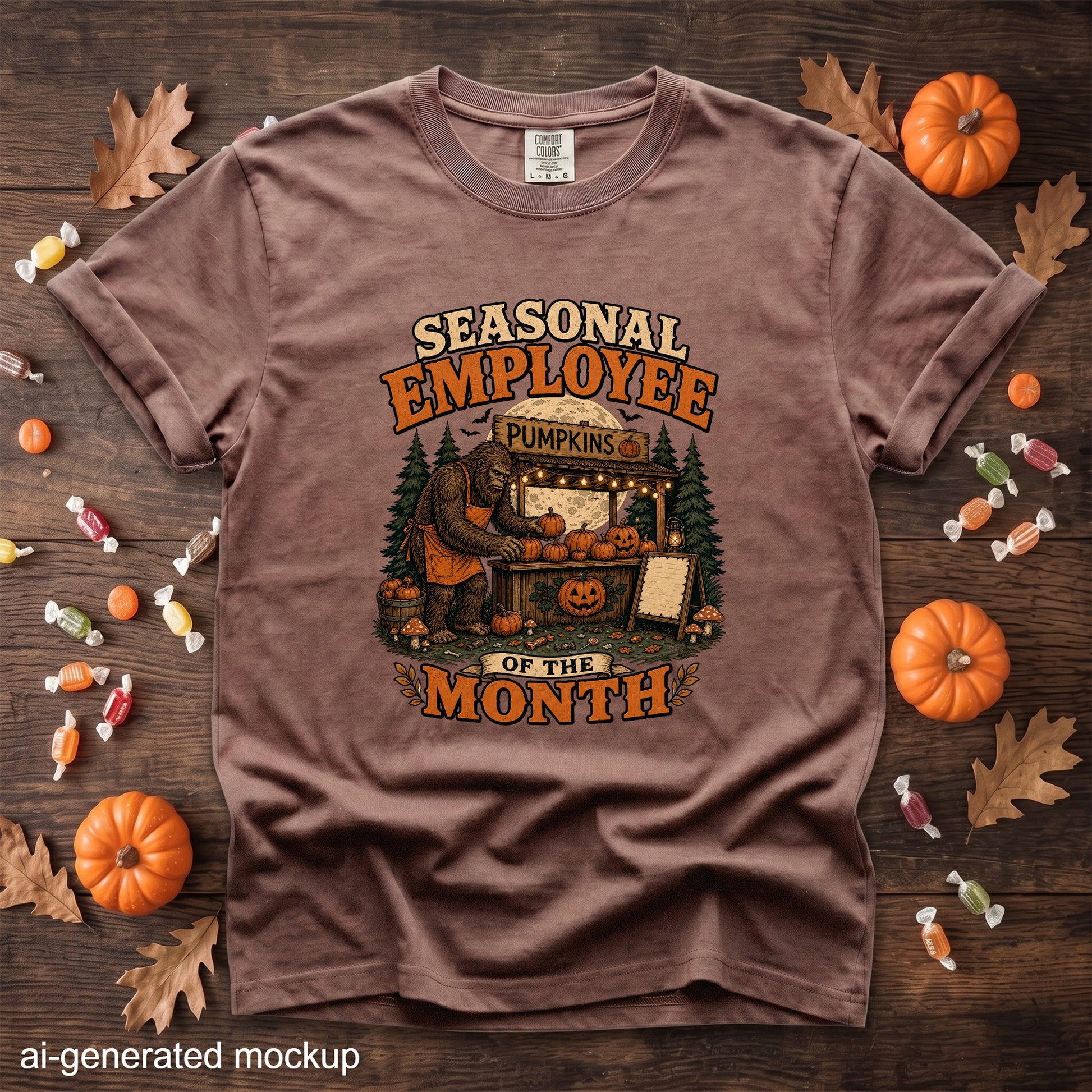 Brown t-shirt with Bigfoot selling pumpkins with "Seasonal Employee Of The Month" text.