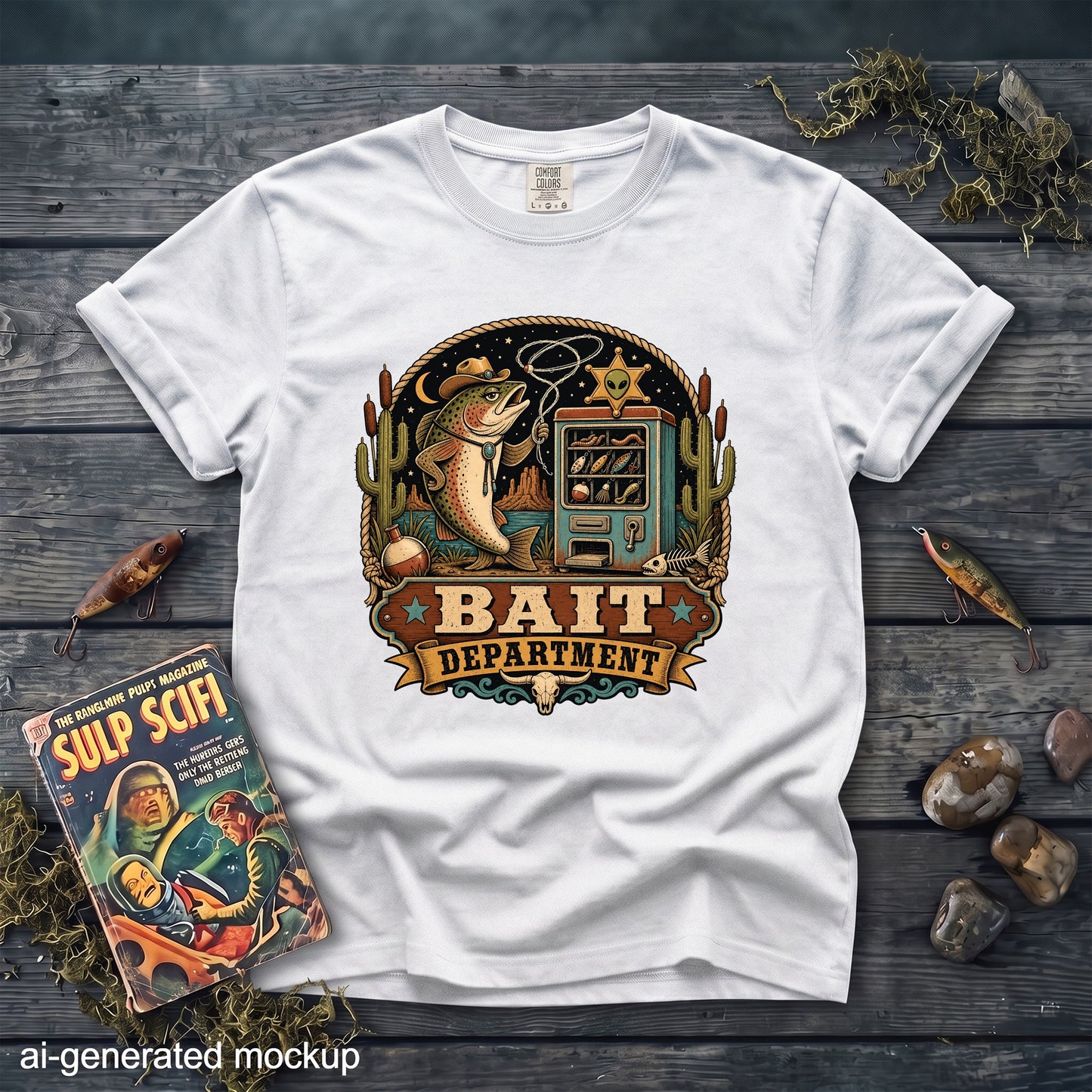 White t-shirt with "Bait Department" graphic featuring a fishing lure vending machine.