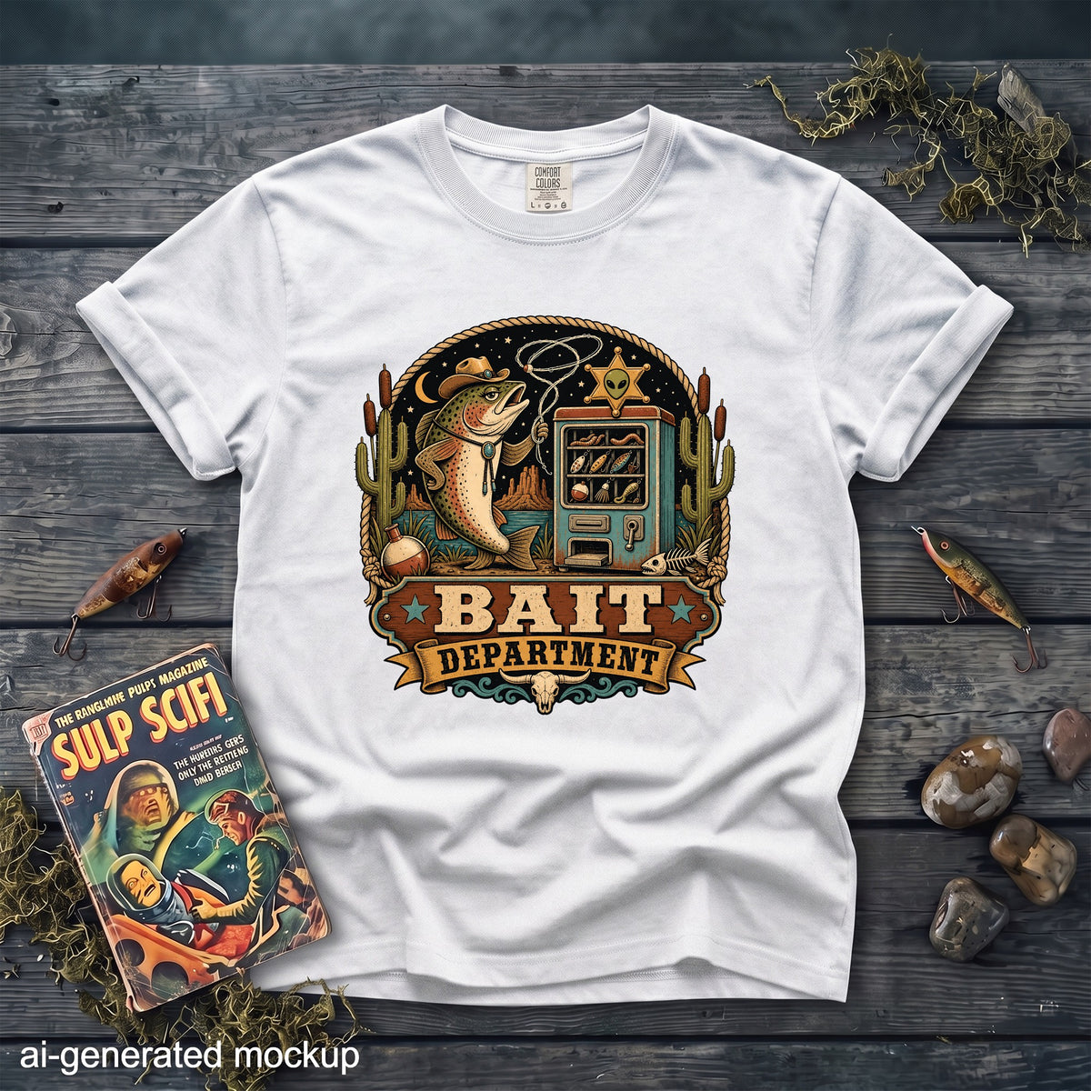 White t-shirt with "Bait Department" graphic featuring a fishing lure vending machine.