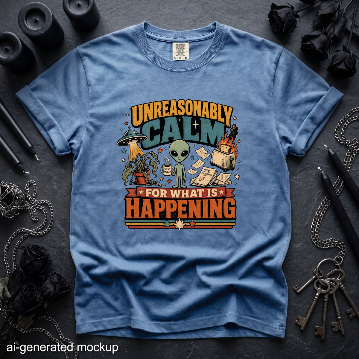 Blue t-shirt with "Unreasonably Calm For What Is Happening" alien graphic.
