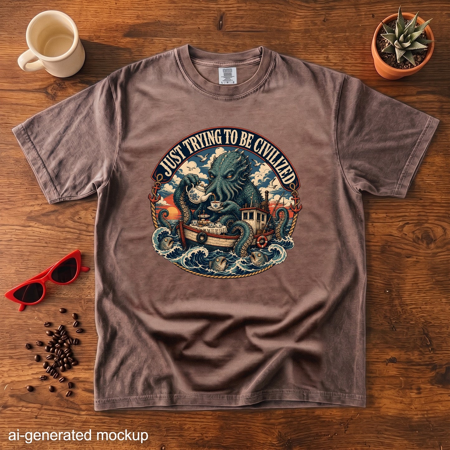 Brown t-shirt with a circular graphic of a kraken serving tea on a boat titled "Just Trying to Be Civilized."