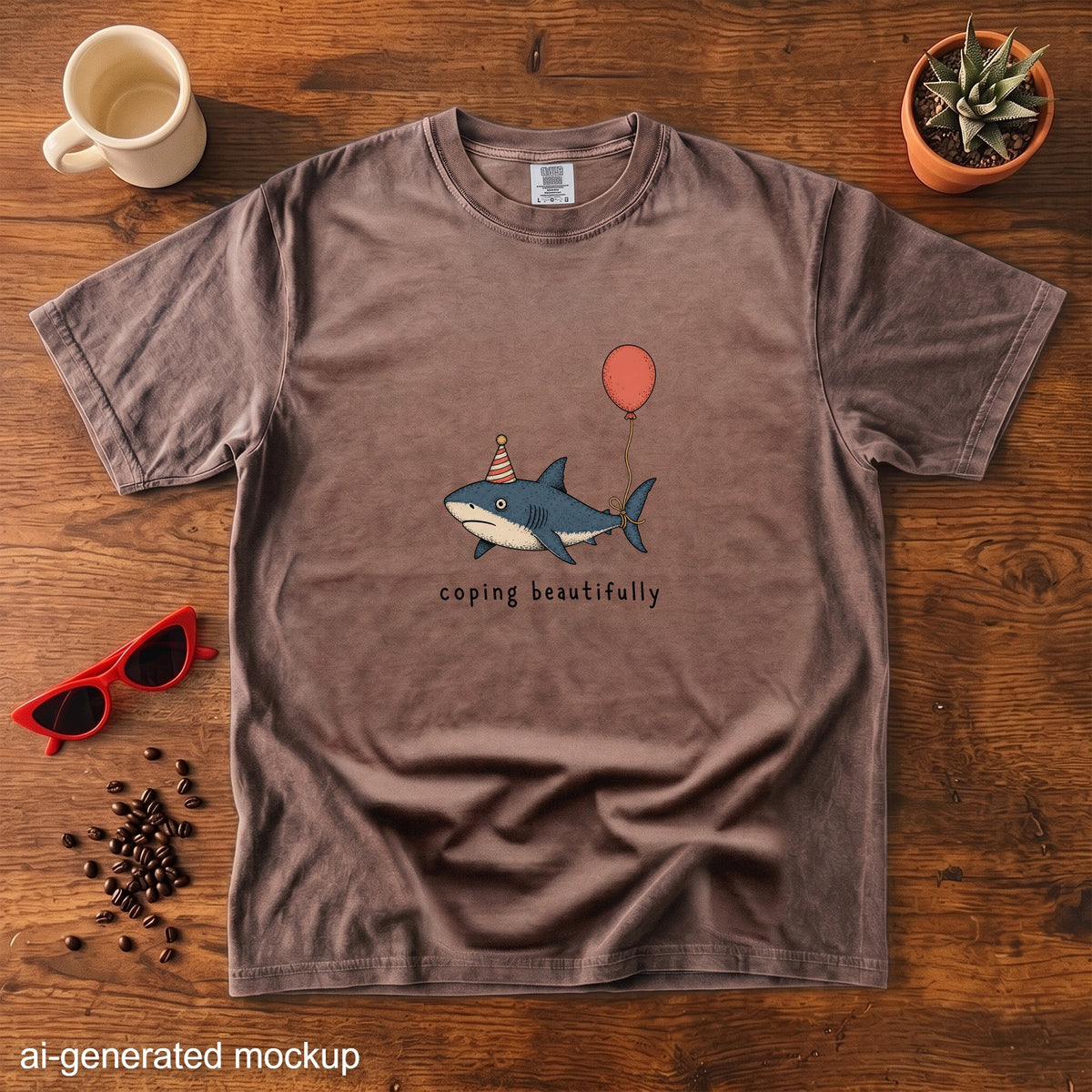 Brown t-shirt with a shark wearing a party hat holding a balloon, text reads "coping beautifully".