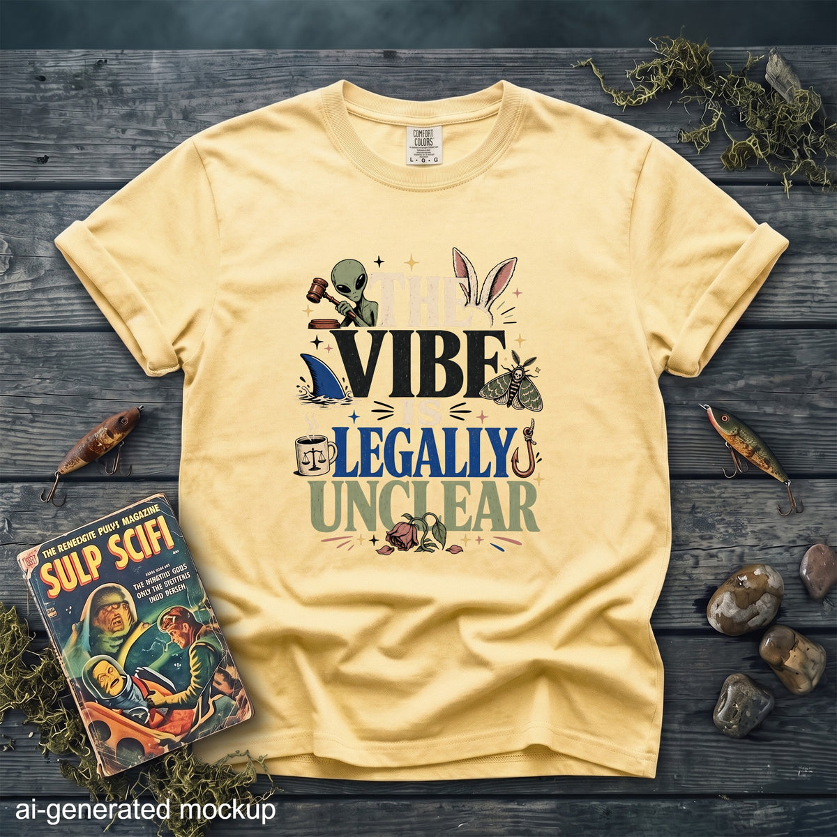 Yellow t-shirt with "The Vibe Is Legally Unclear" text and graphics.