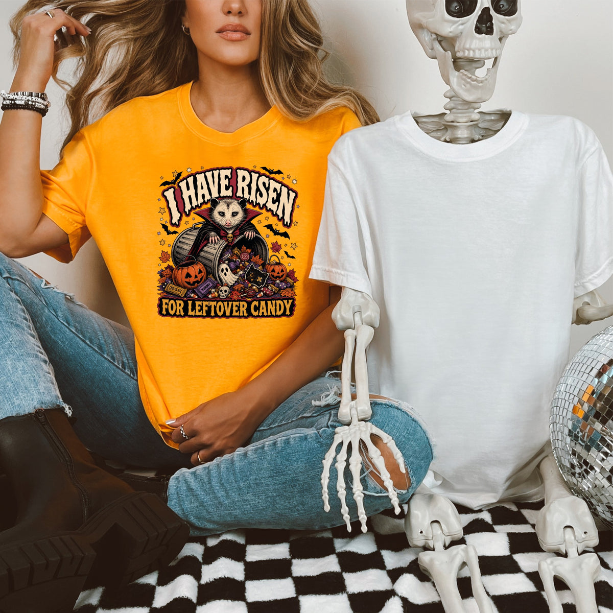 Orange t-shirt with "I HAVE RISEN FOR LEFTOVER CANDY" text and Halloween graphics.