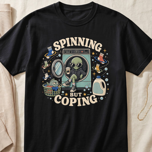 Black t-shirt with alien, washing machine, laundry basket, and text "Spinning But Coping".