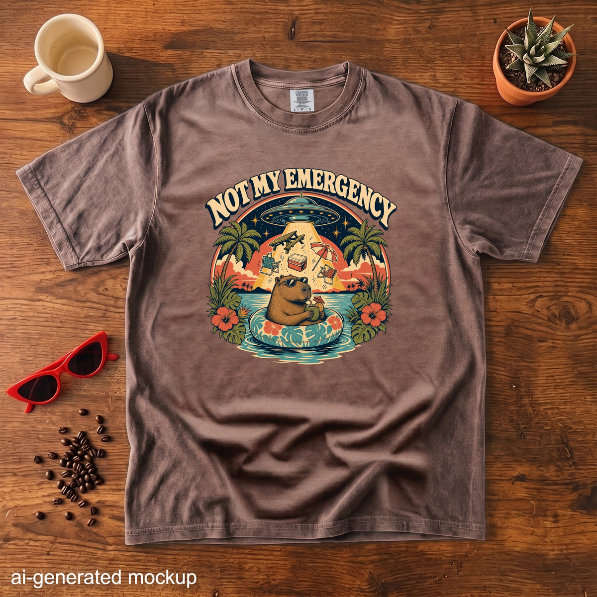 Brown t-shirt with "Not My Emergency" text and a capybara in a float being abducted by a UFO.
