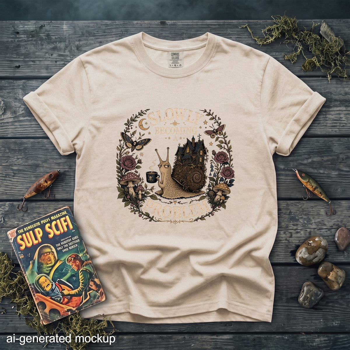 T-shirt featuring a snail carrying a haunted house with the text "Slowly Becoming a Problem."