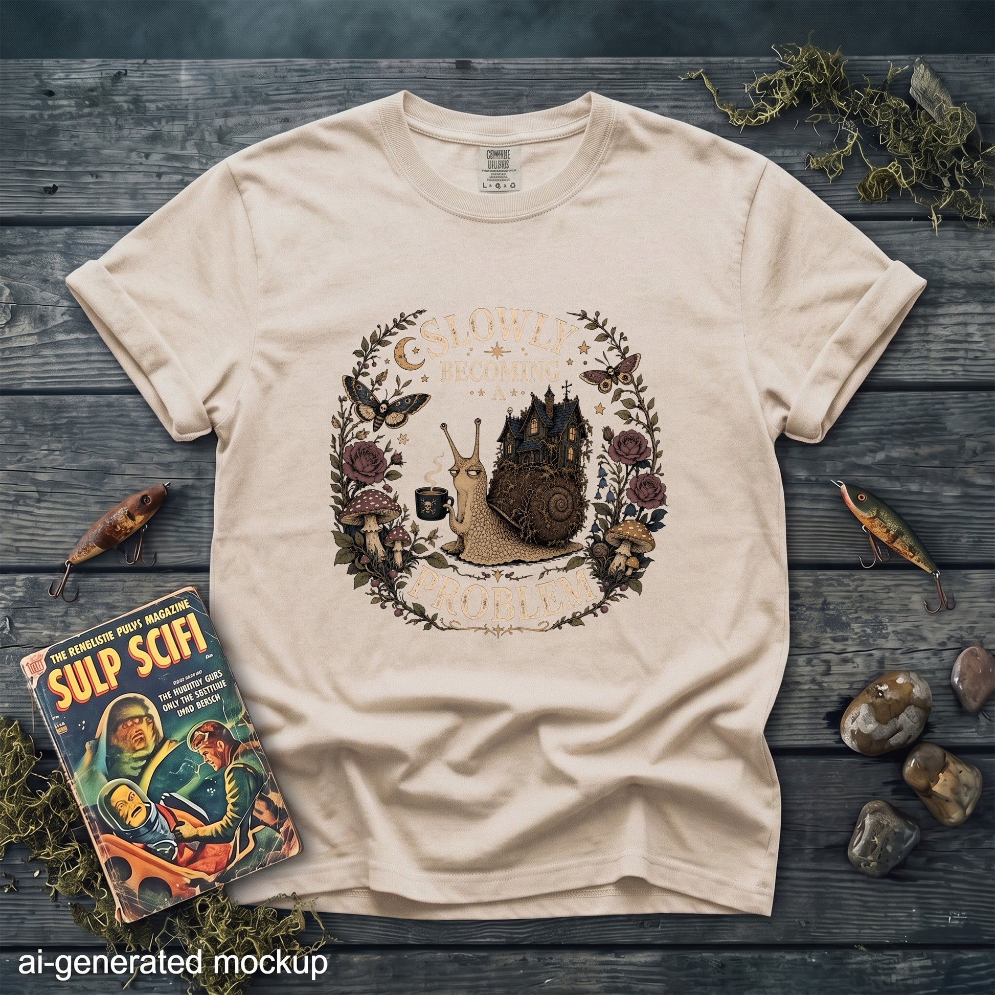 T-shirt featuring a snail carrying a haunted house with the text "Slowly Becoming a Problem."