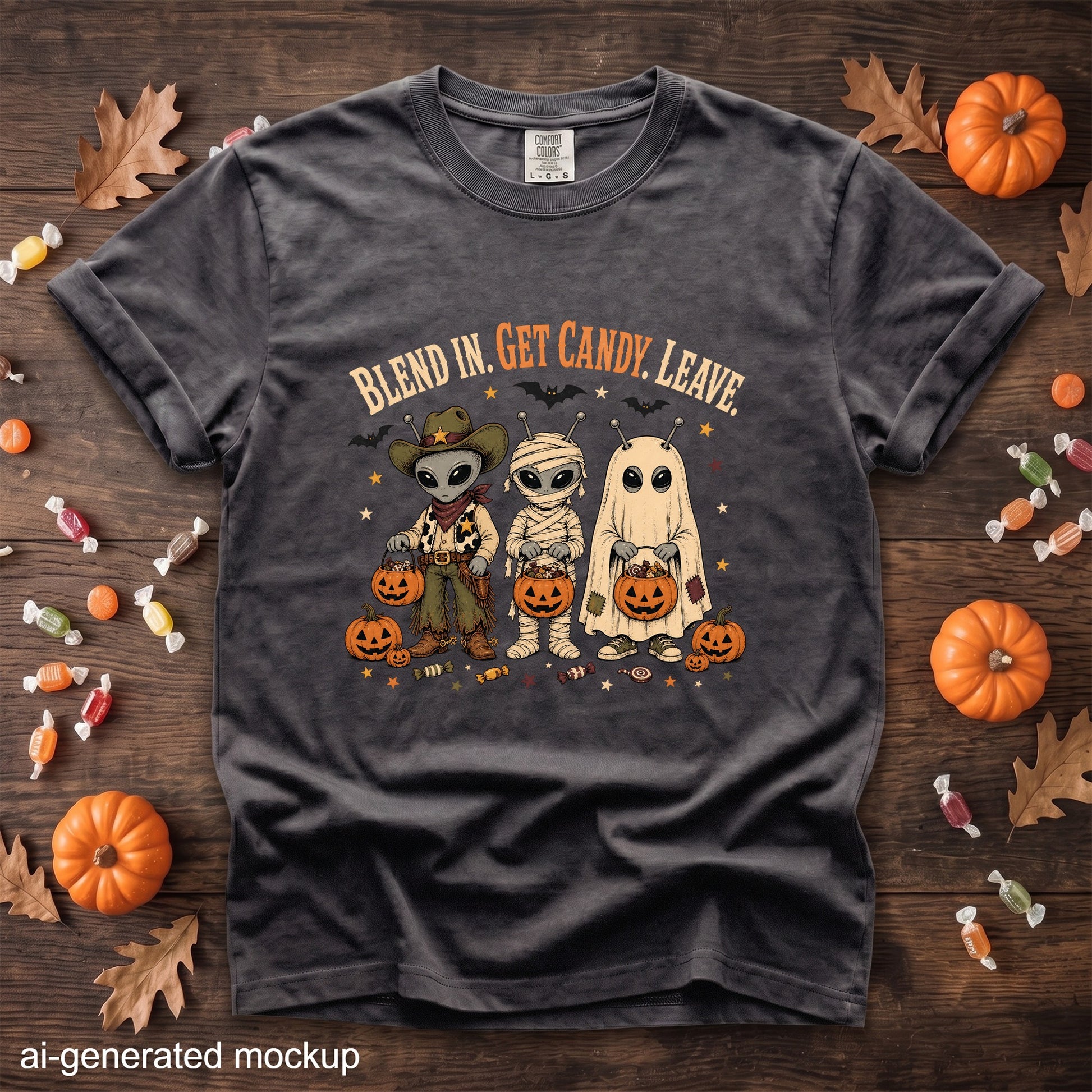 Dark grey t-shirt with aliens dressed as cowboy, mummy, and ghost. Text says "BLEND IN. GET CANDY. LEAVE."