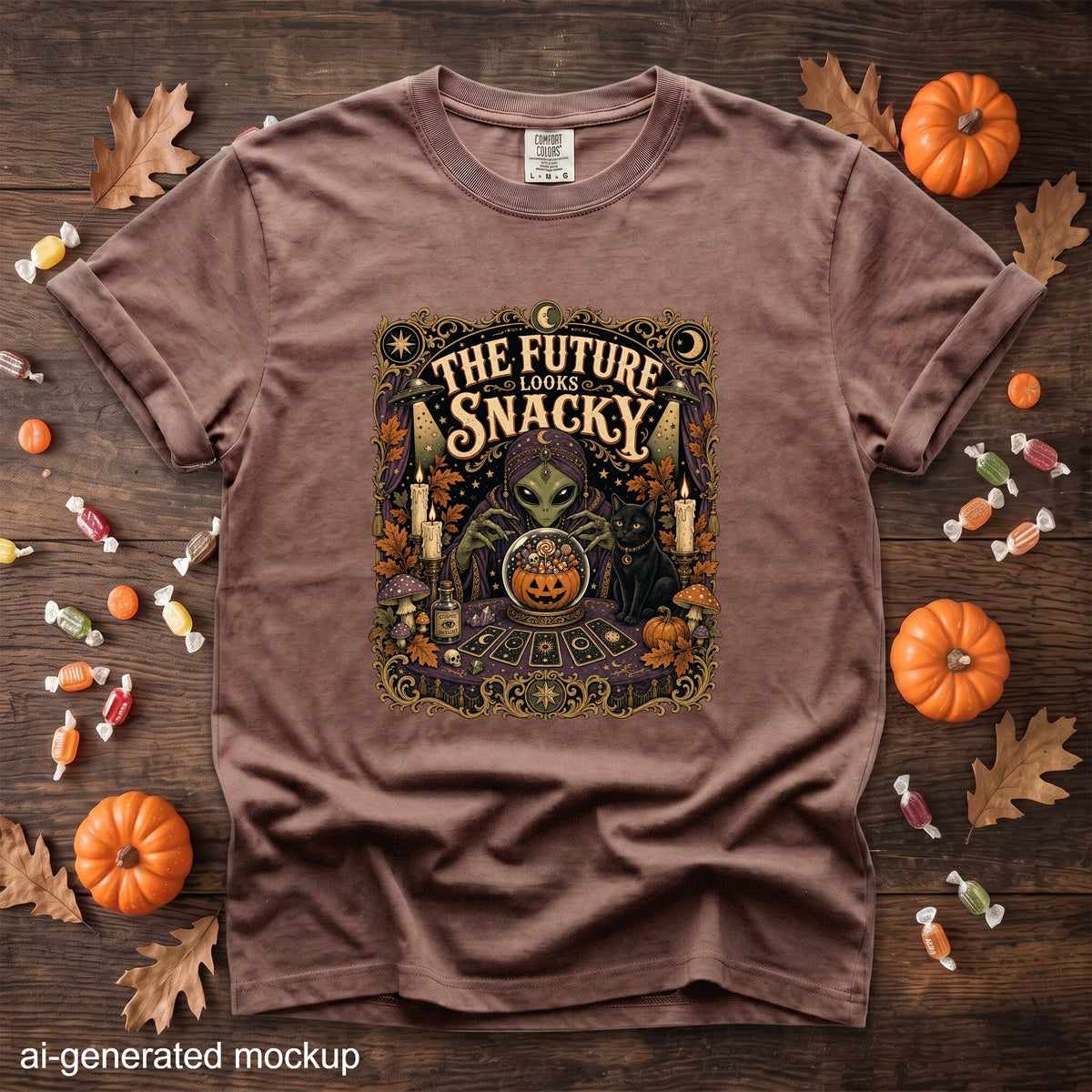 Brown t-shirt with "The Future Looks Snacky" alien Halloween graphic.