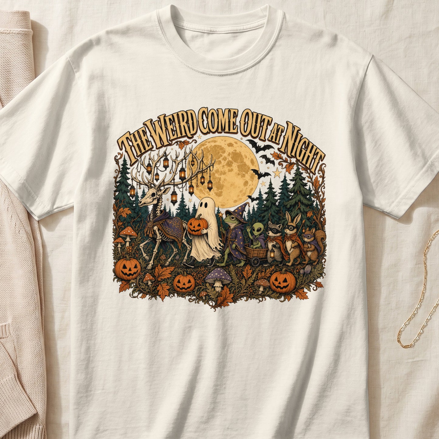 Skeleton deer, ghost, frog, alien, and woodland creatures parade under a full moon.