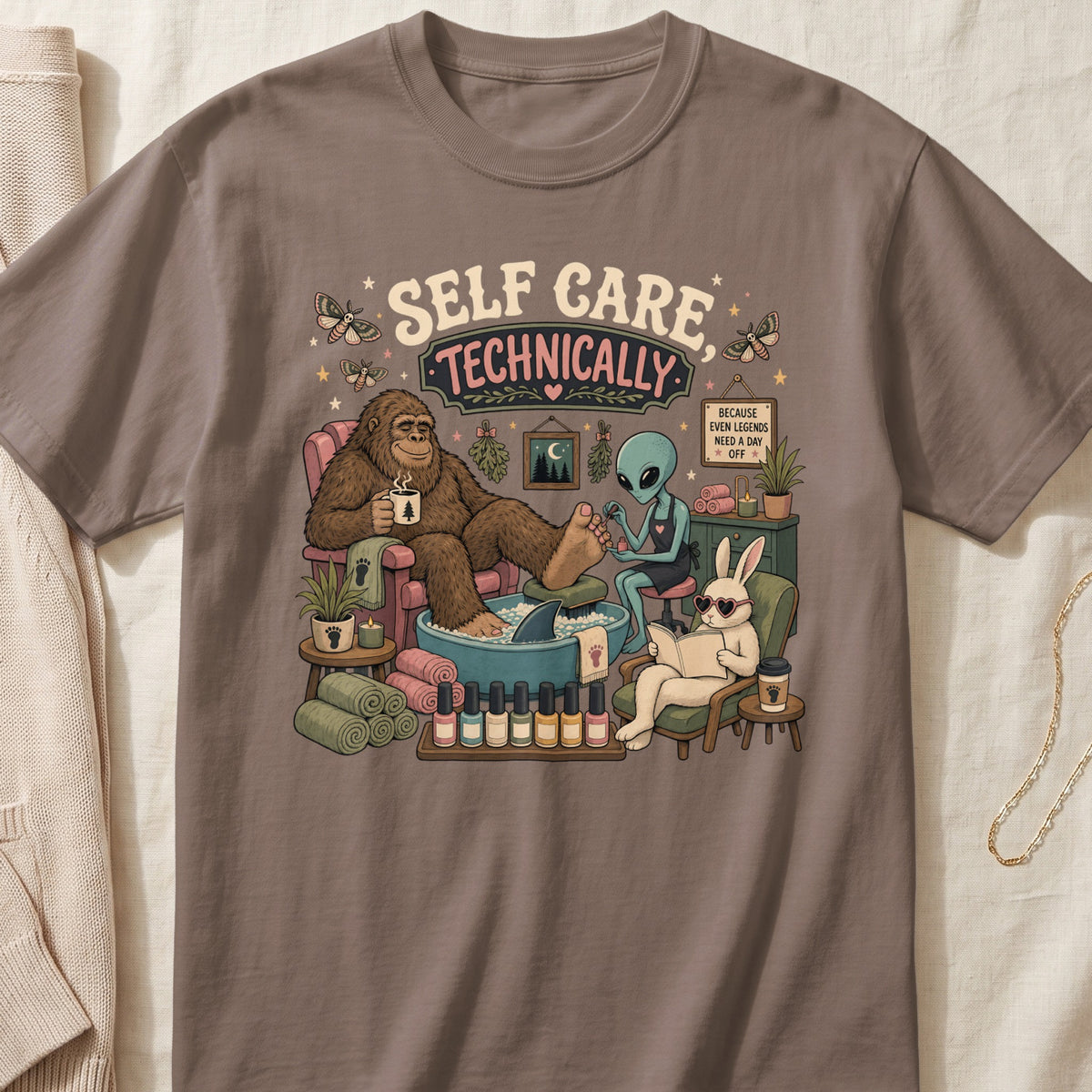 Bigfoot, alien, and bunny enjoy self-care with text "Self Care Technically".