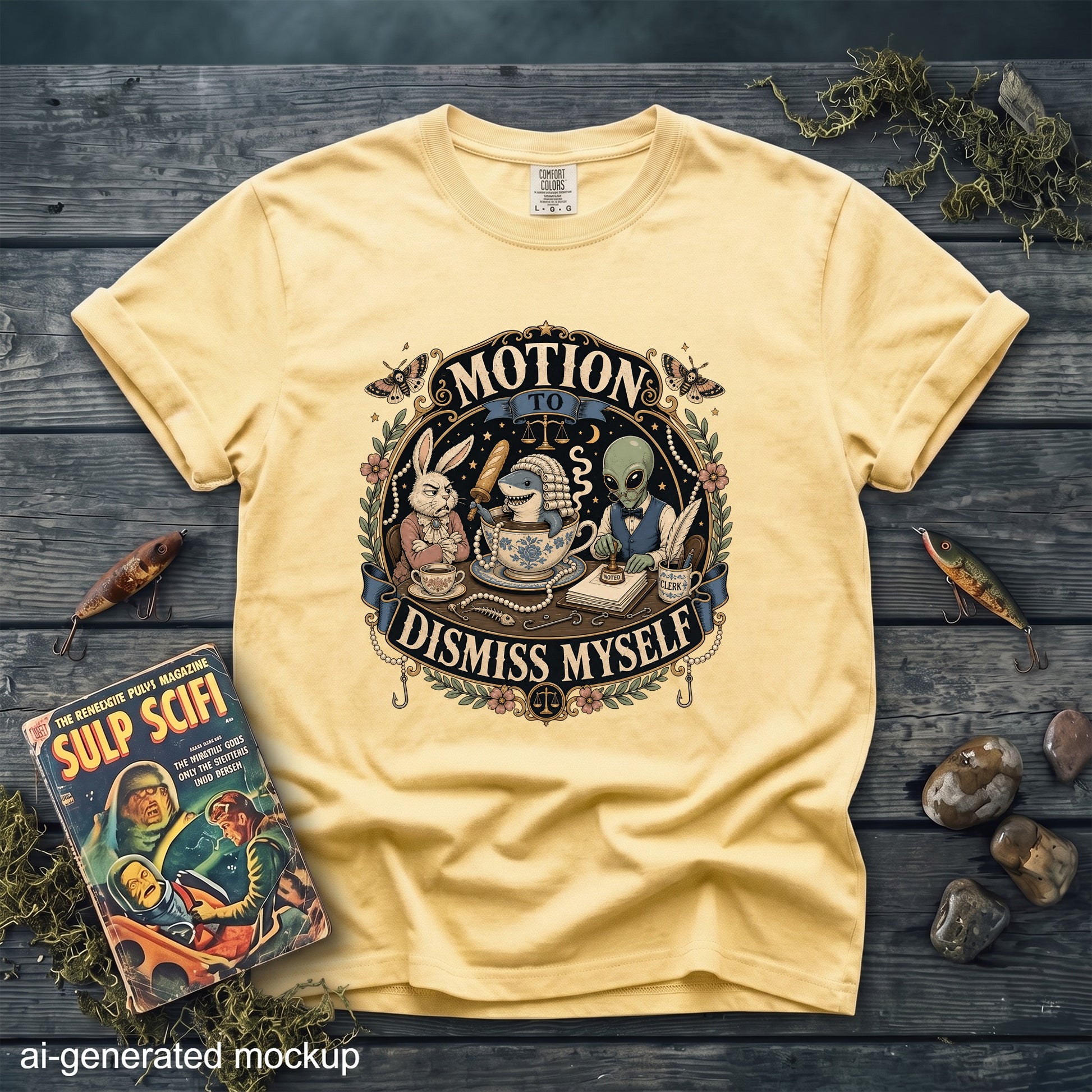 A yellow crewneck t-shirt featuring an ornate graphic of a rabbit, shark in a teacup, and an alien lawyer.