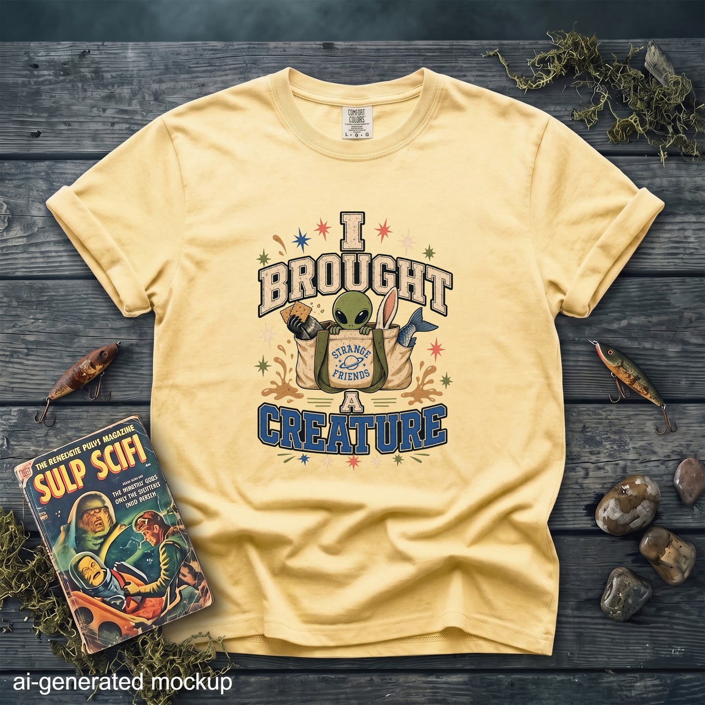 Yellow t-shirt with "I Brought Strange Friends A Creature" alien graphic.