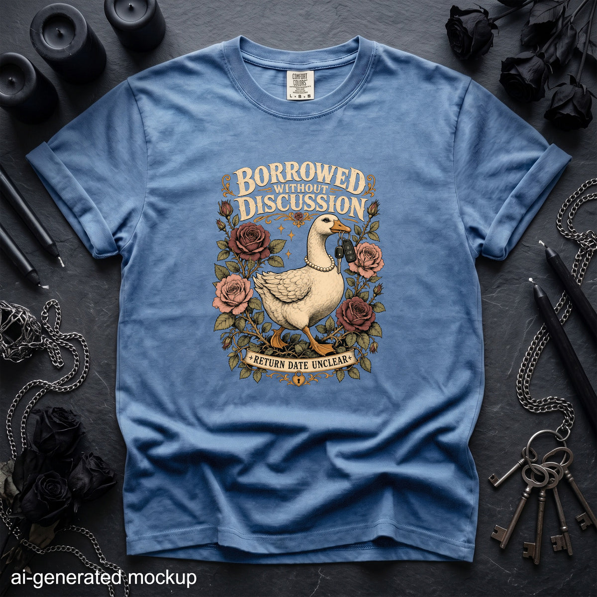 Blue t-shirt with a goose wearing pearls, holding keys, and text "Borrowed Without Discussion Return Date Unclear".
