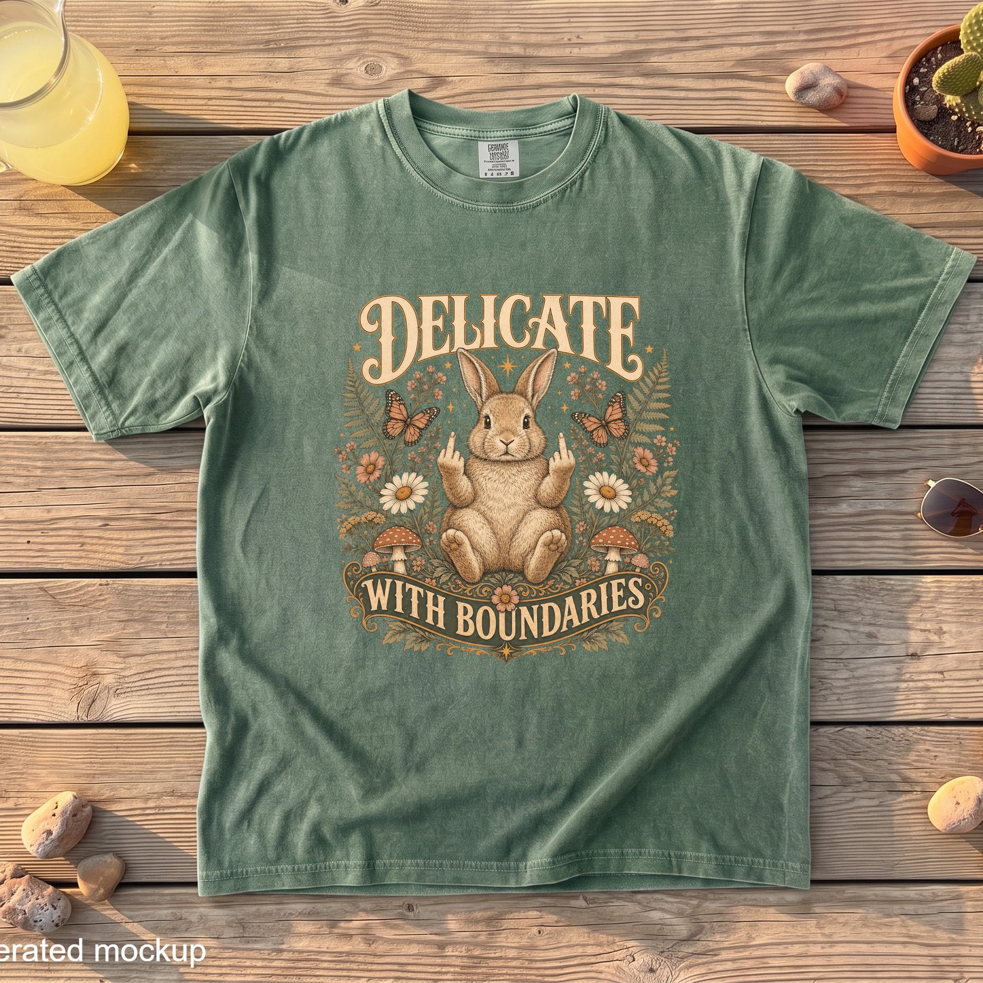 Green t-shirt with a rabbit holding up middle fingers and text "DELICATE WITH BOUNDARIES".